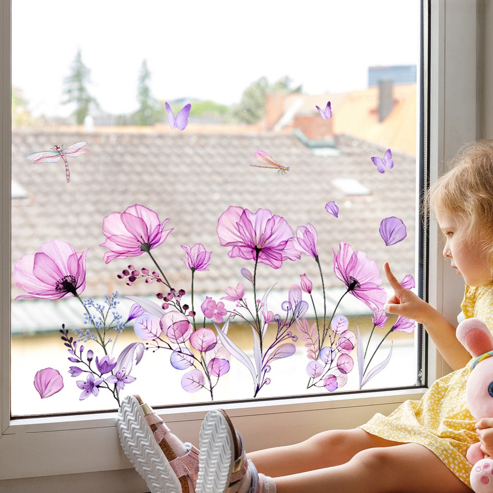 Static Window Sticker with Purple Flowers and Butterflies 11.81 by 23.62 in