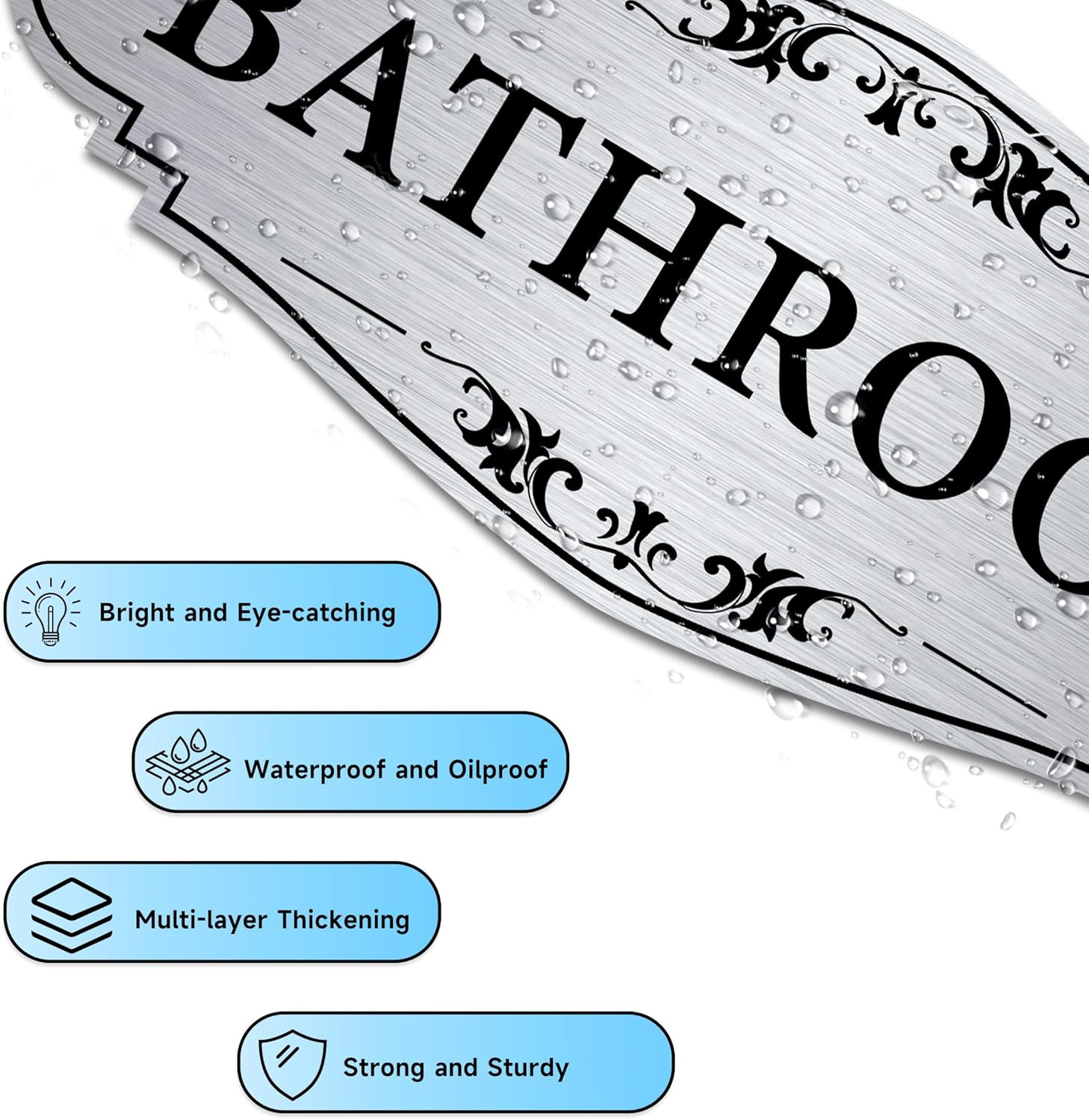 Bathroom Sign Sticker for Business and Home，Self-Adhesive Brushed Silver Cute Ba