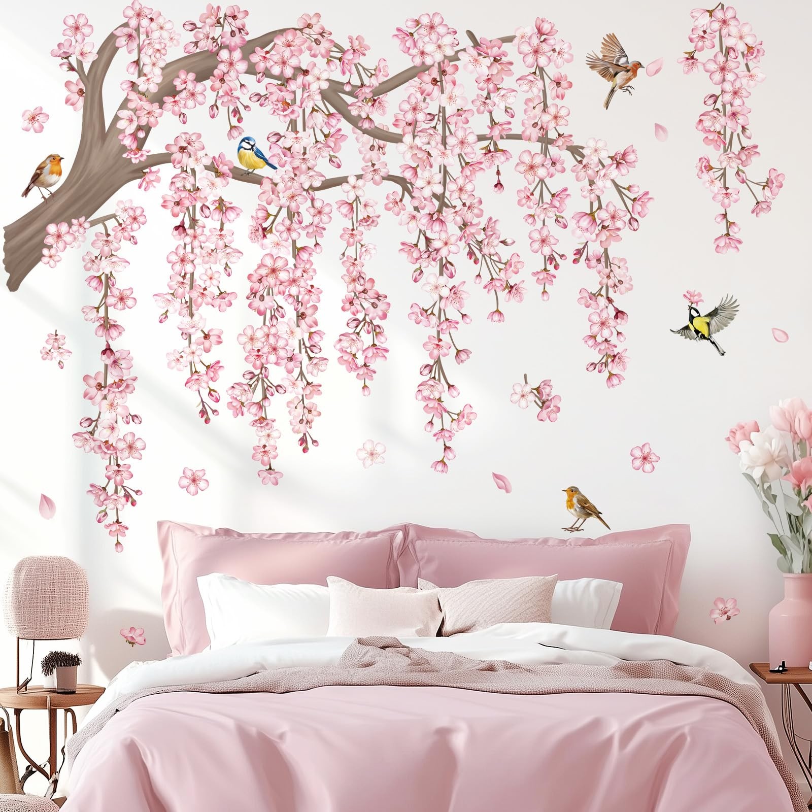 Large Pink Flower Tree Branch Wall Decals Cherry Blossom Tree Floral Birds Wa…