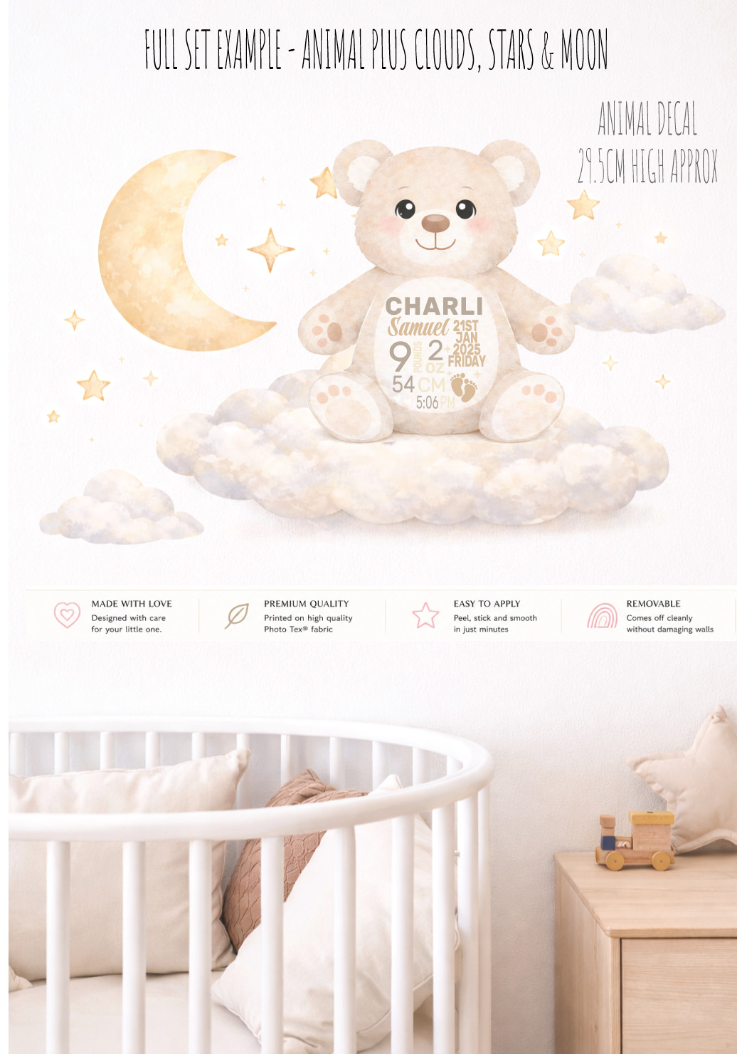Personalised Baby Birth Stats Name Animal Nursery Removable Wall Decal Sticker