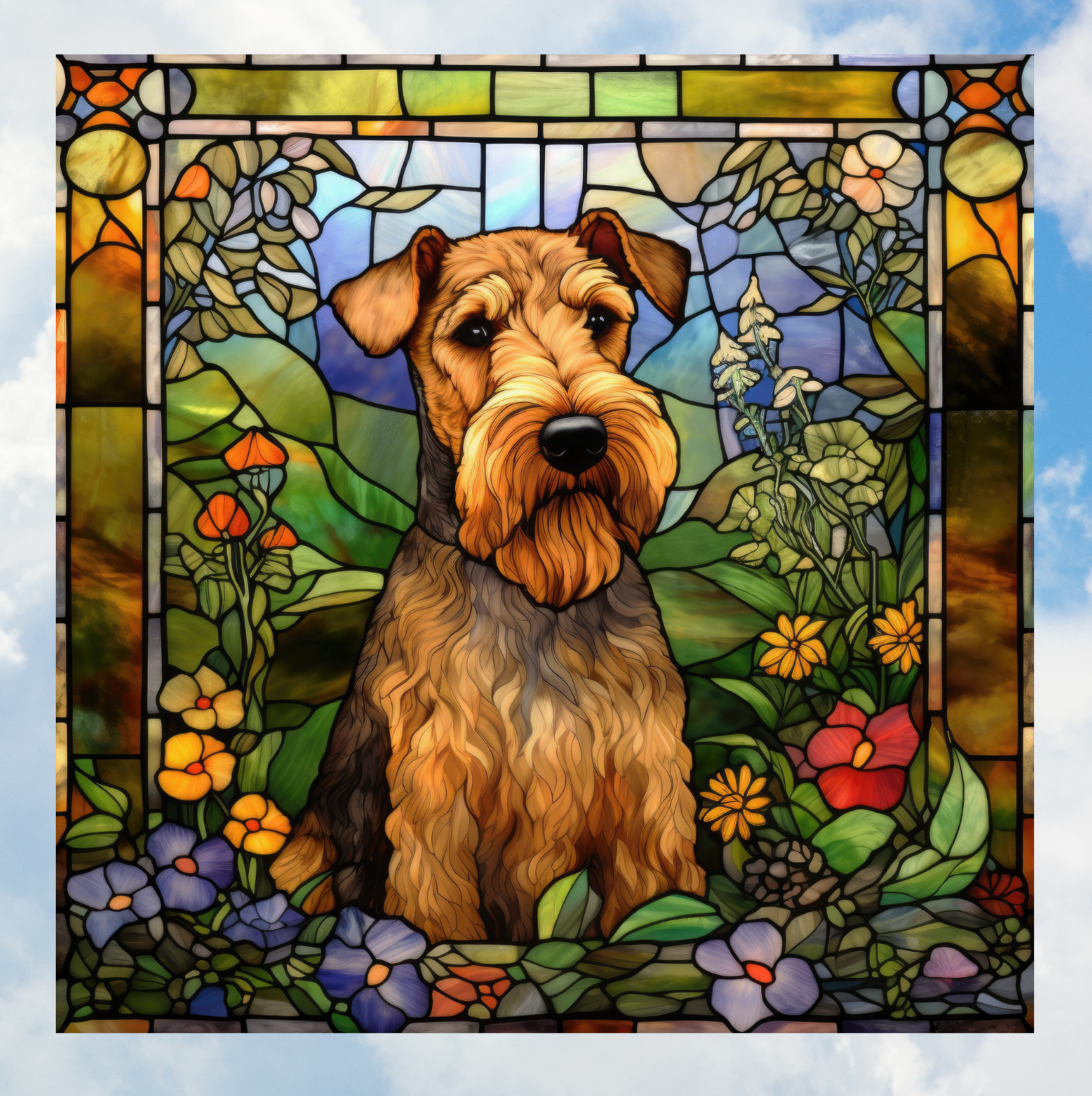 Airedale Terrier Dog Faux Stained-Glass WINDOW CLING Size 8" Square Vinyl