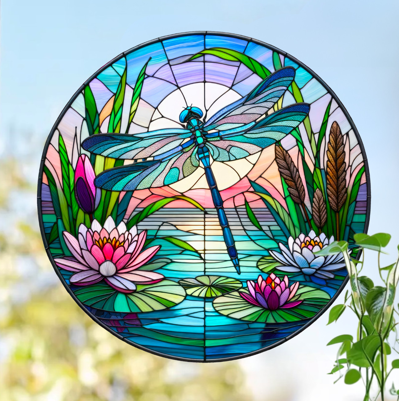 Dragonfly Water Lily Faux Stained-Glass WINDOW CLING Sun-catcher Size 8" Round