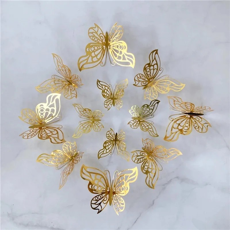 Living Room Home Decor 3D Butterfly Wall Decal Stickers 12Pcs/Set Gold Silver