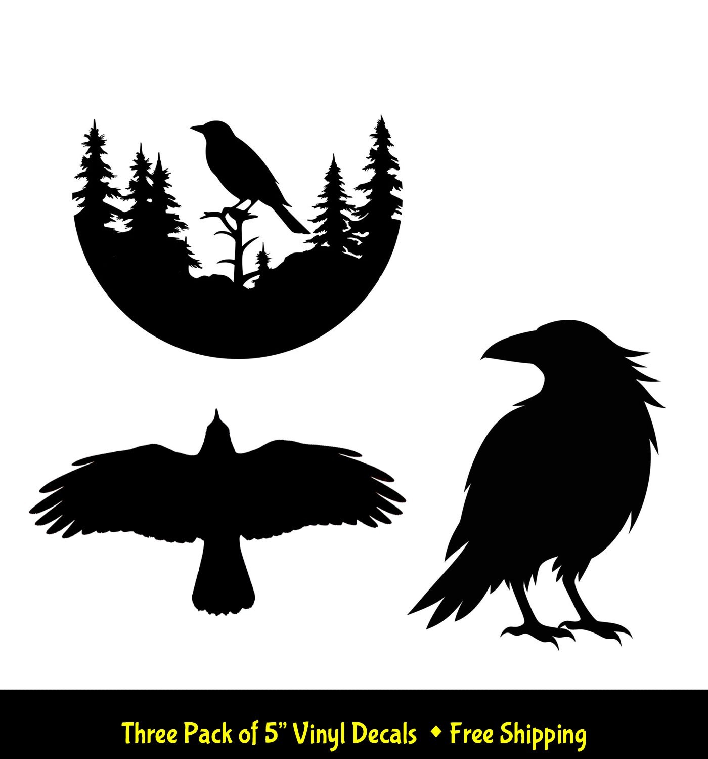 Crow Raven Three Pack of 5" White or Black Vinyl Decals Car Truck Van Windows