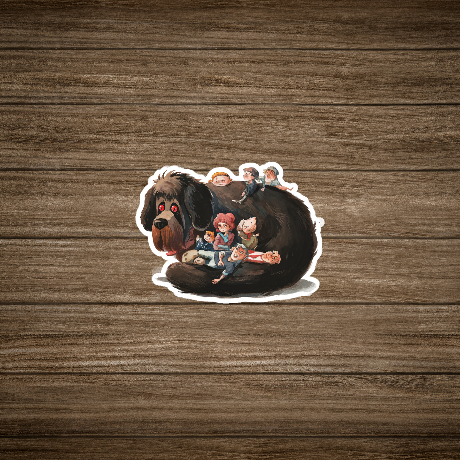 Whimsical Sticker of Giant Dog with Kids and Adults, Charming Illustration #1229