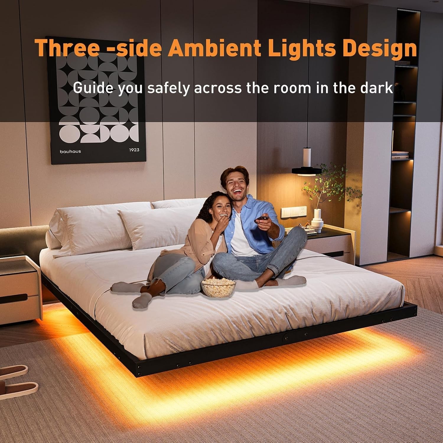 Floating Bed Frame Queen 14 Inch with LED Lights Charging Station Easy Assembly