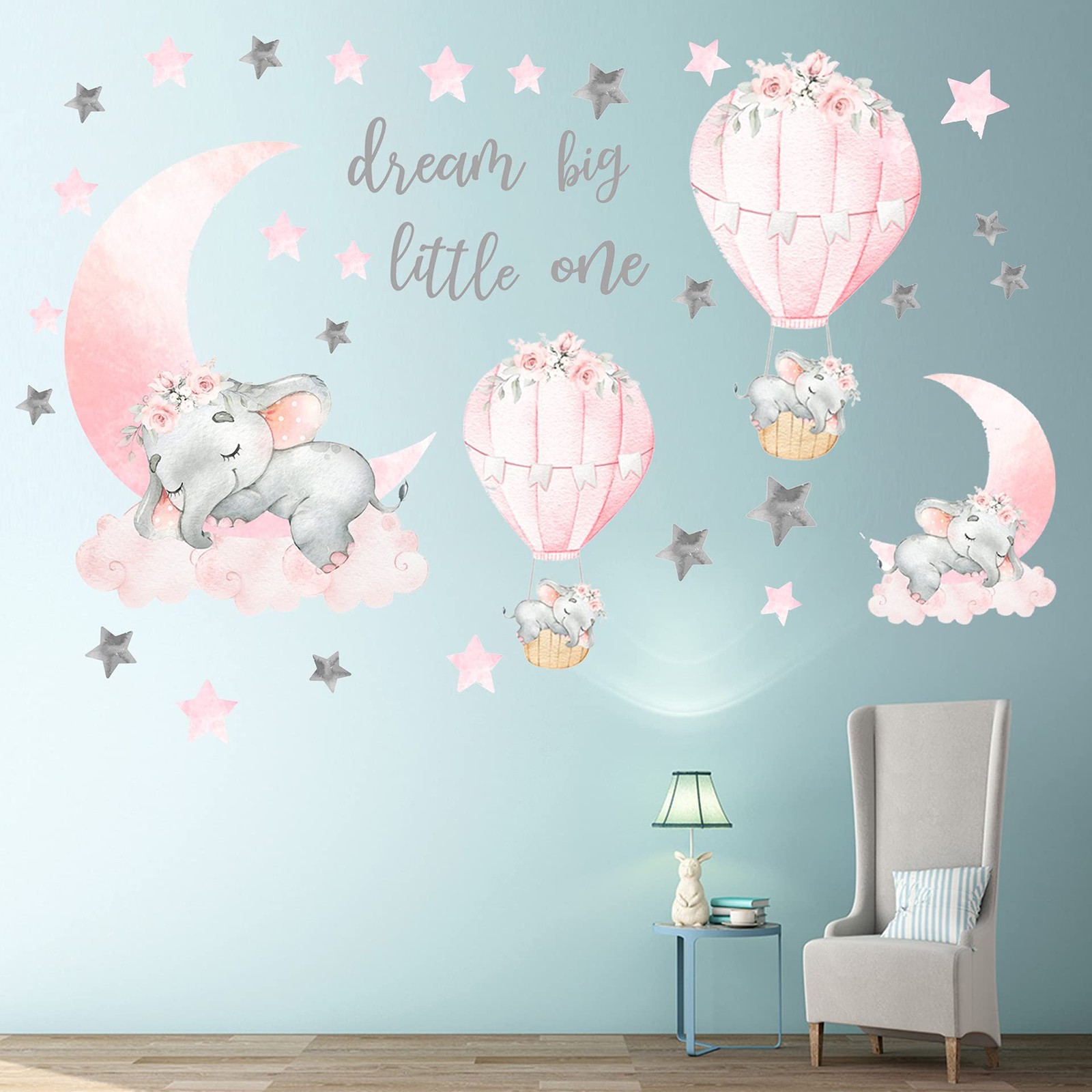 Dream Big Little One Elephant Wall Stickers, Pink Moon Hot Air Balloon Grey Star