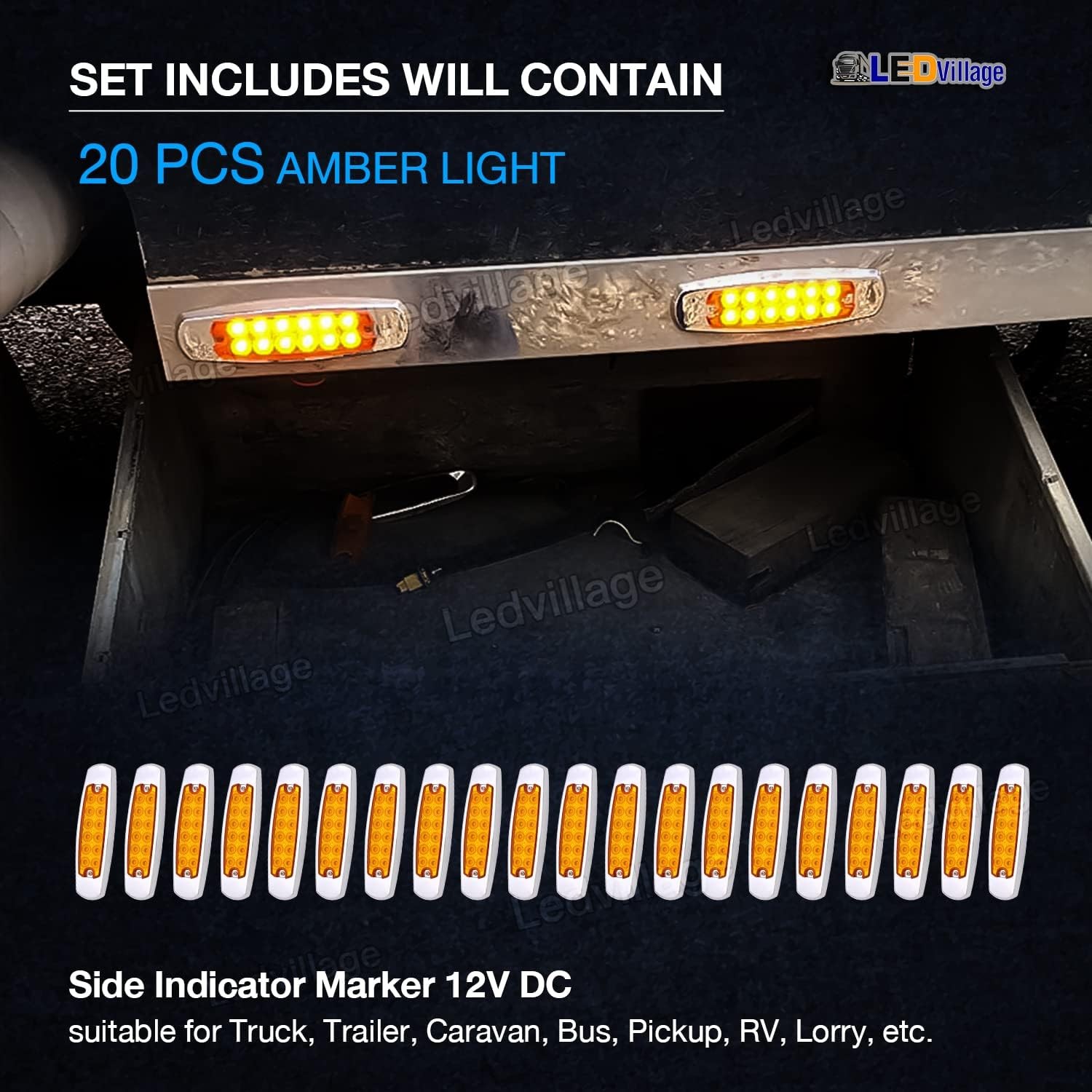 20 Pcs 12V DC 6.4 Inch Amber LED Side Marker Clearance Lamp Heavy Truck Lighting