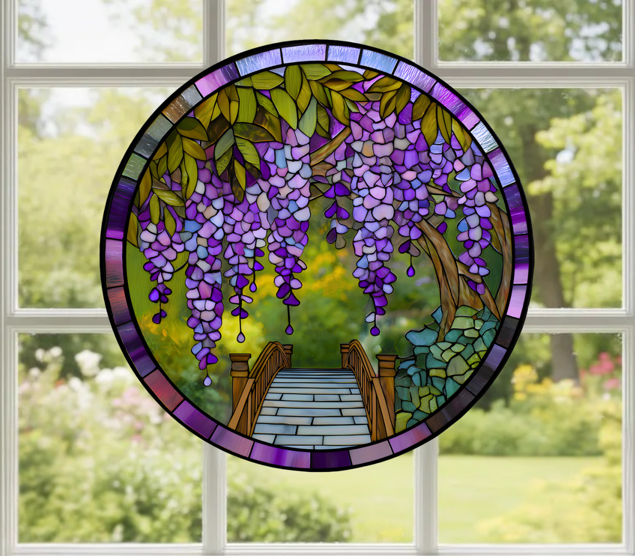 Wisteria Flowers Faux Stained-Glass WINDOW CLING Size 8" Round Vinyl