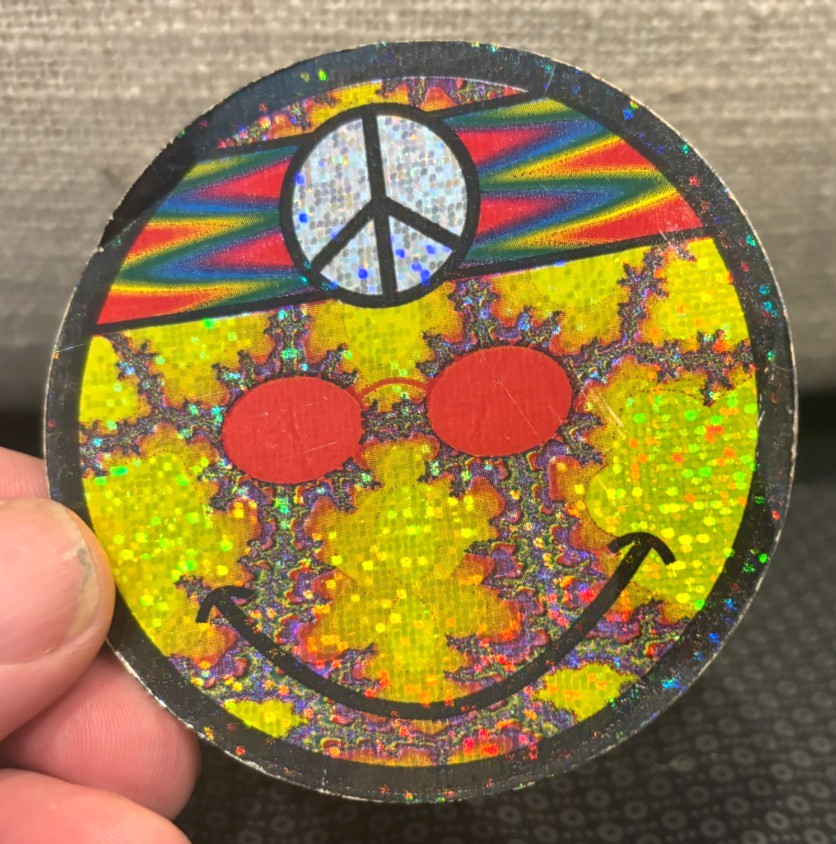 VTG! Smiley Face Hippie W/ Peace Sign Headband Sticker ~Yellow Prism Glitter 3"