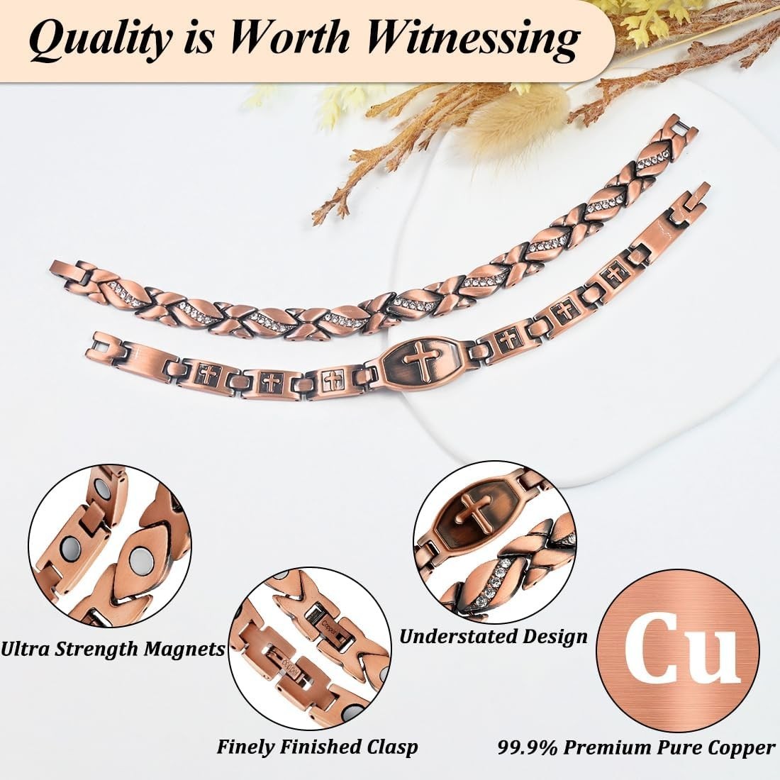 2PCS Copper Magnetic Bracelets for Women 100% Solid Pure Copper Bracelets wit…