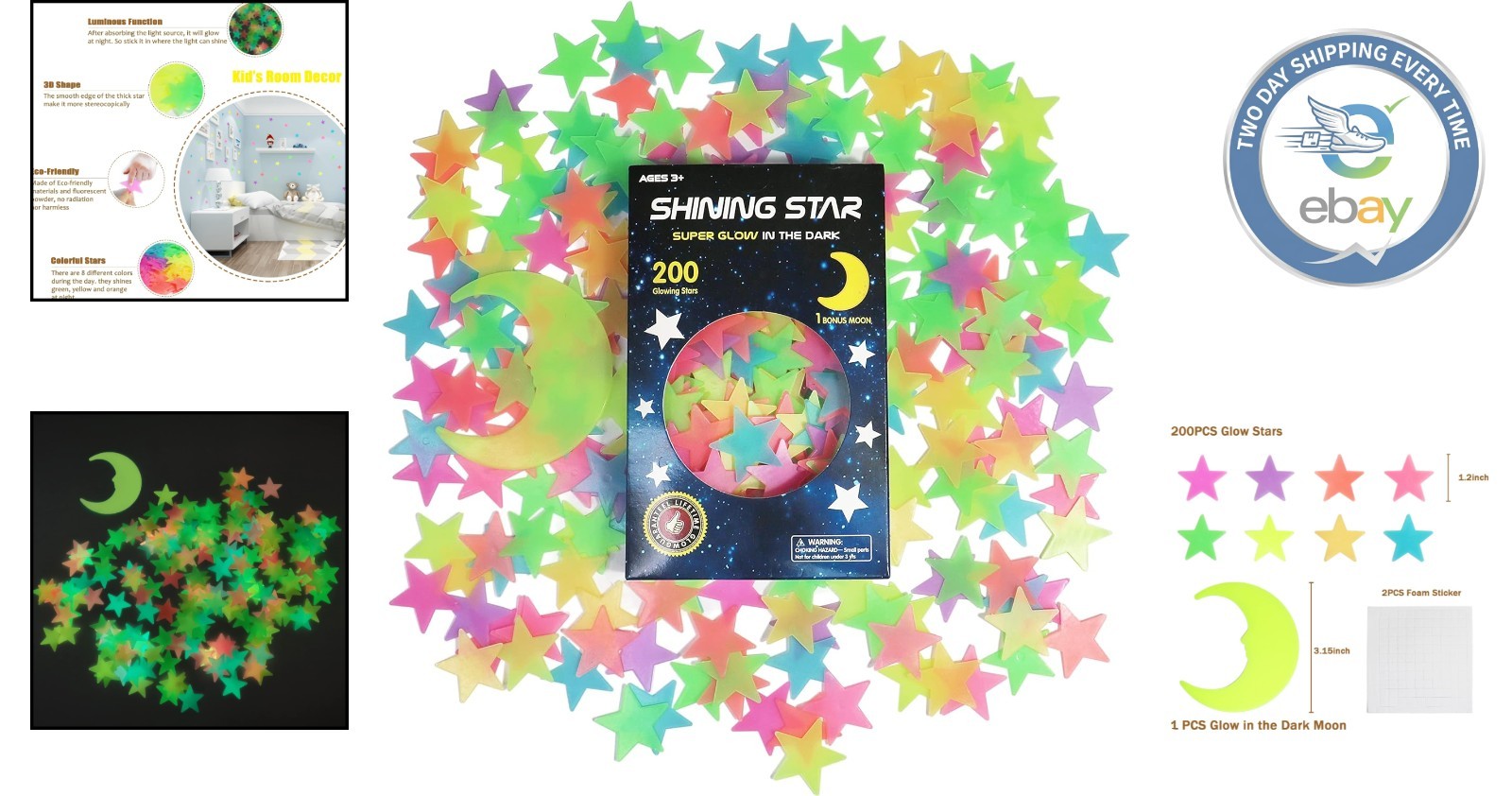 Realistic 3D Glow Stars Stickers Set – Perfect Night Light for Kids' Bedrooms