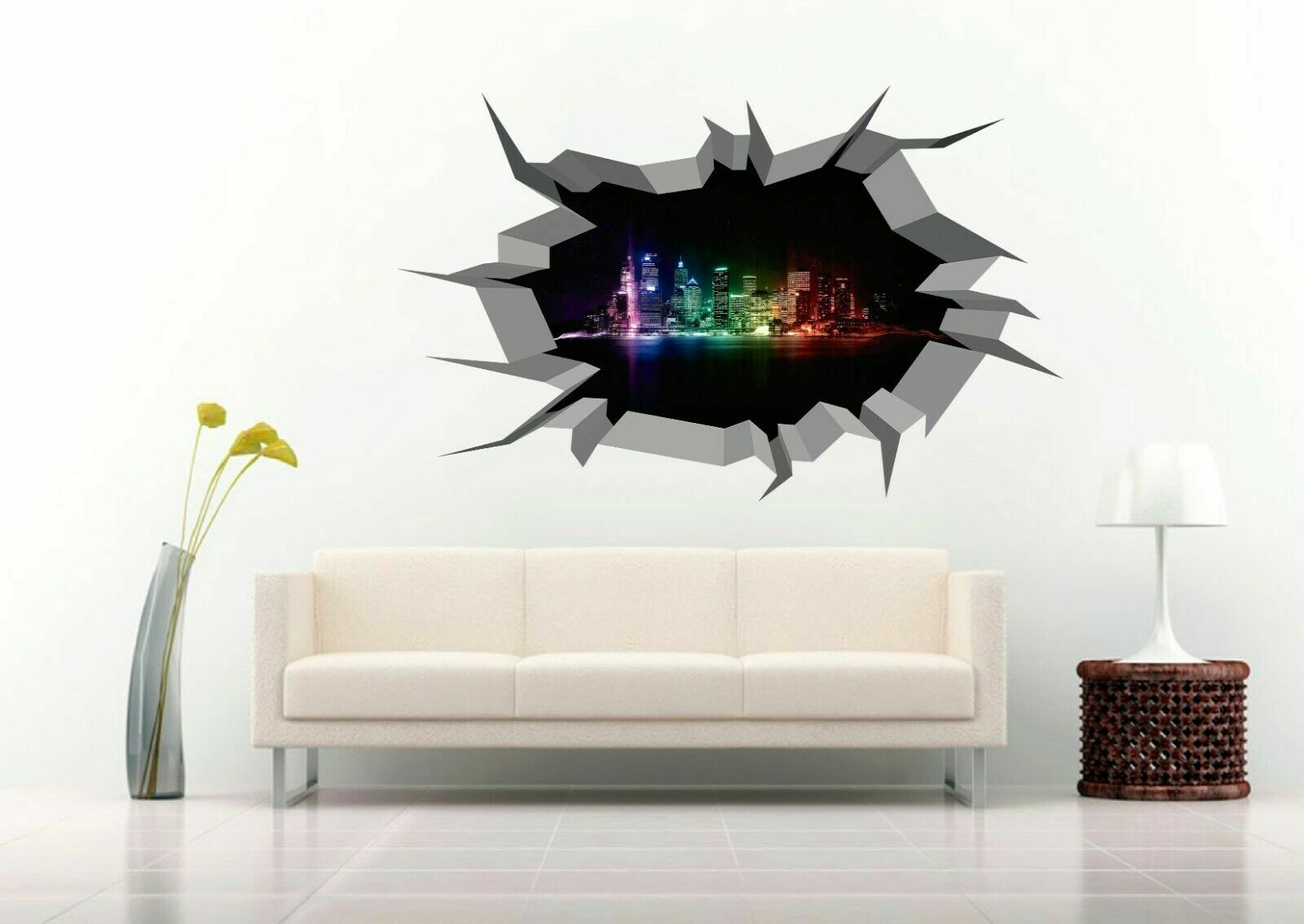 City Skyline at Night 3D Crack Hole Wall Decal Vinyl Sticker Mural Art Decor