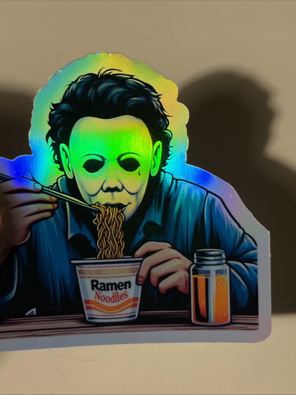 Michael Myers Eating Ramen noodle 3 Inch Holographic Sticker