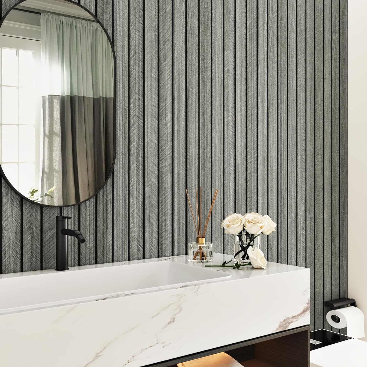 Grey Wood Wall Slat Panels Peel and Stick 3D Fluted Wood Panels for Interior Wal