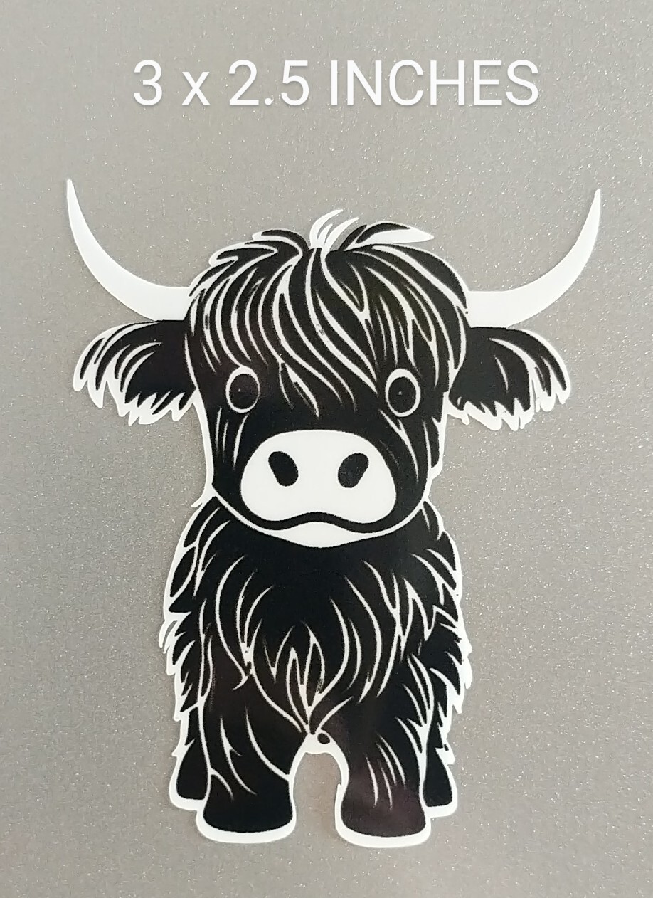 3" Highland Cow B&W Decal Vinyl Sticker Ranch Cottage Core Longhorn Cattle
