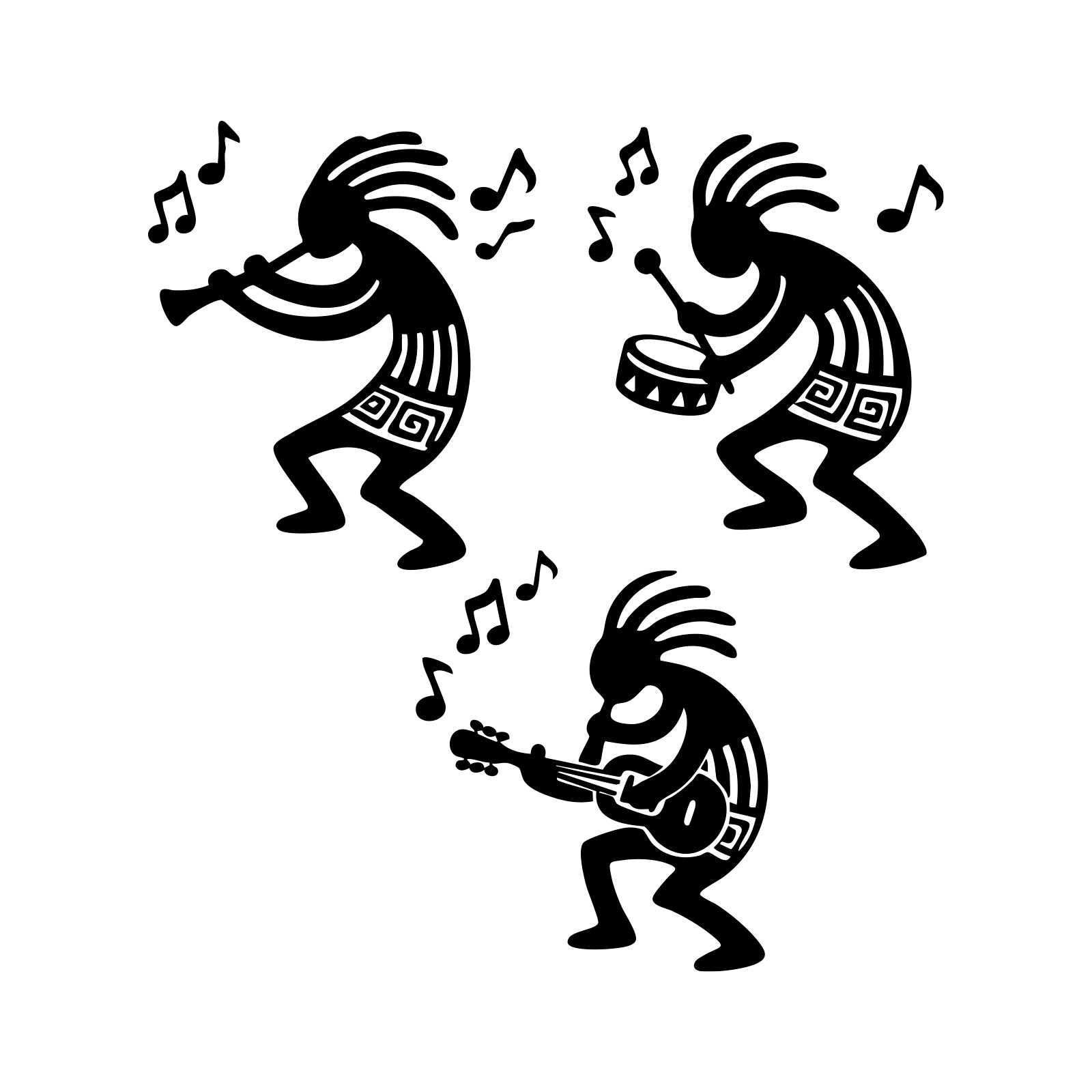 3 Kokopelli Tribal Musicians Vinyl Decal Set 3x3in Southwest Music Sticker Pack