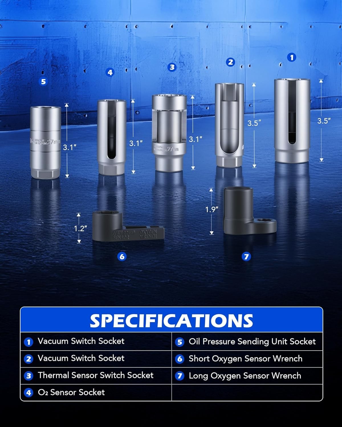 7pc Oxygen Sensor Socket Set, 1/2 & 3/8 in. Drive O2 Sensor Removal Set with …
