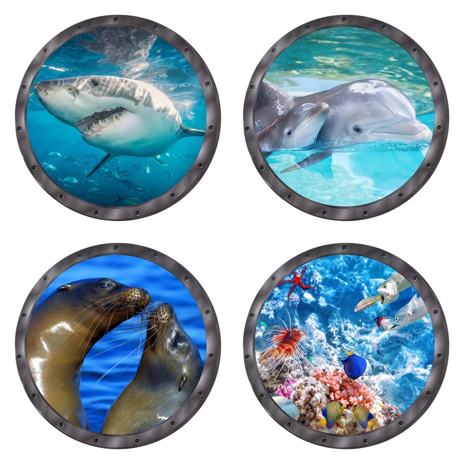 Wall Stickers & Murals, 9 Piece 11-Inch Marine Animal Decals with Porthole De…