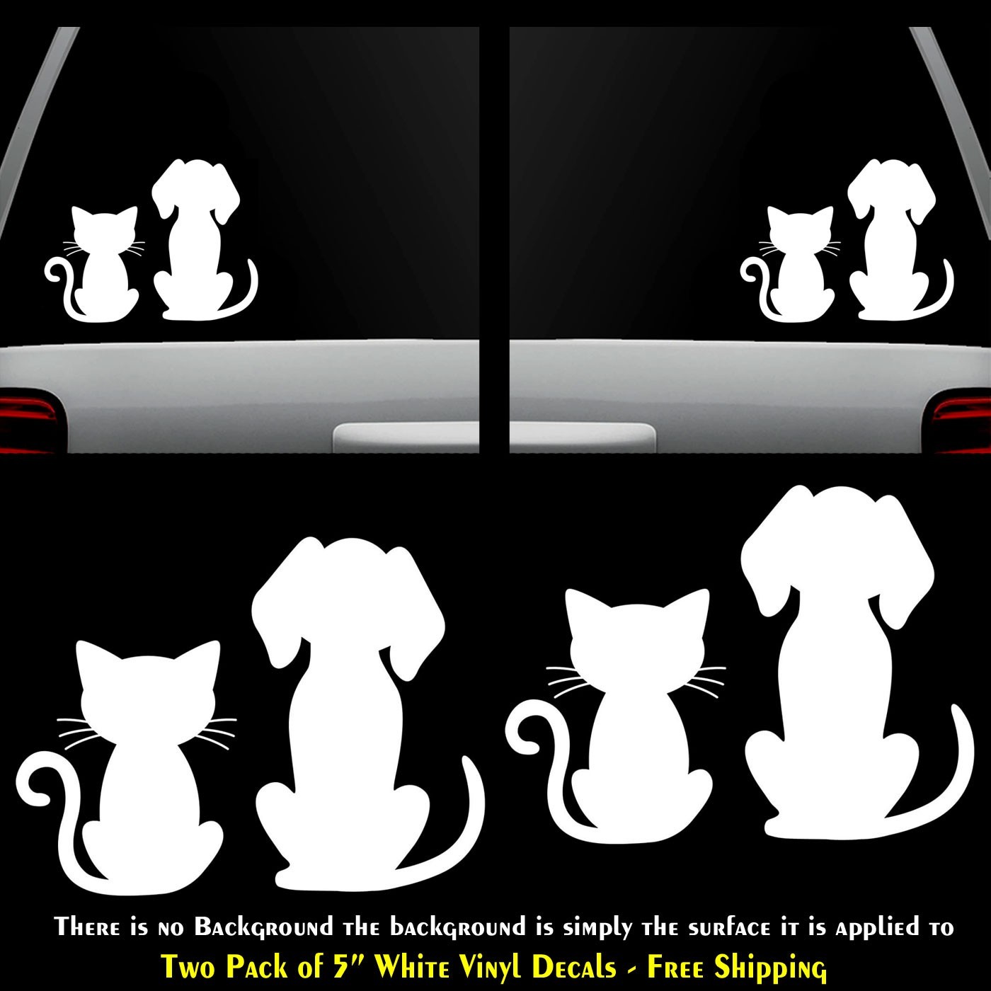 Cat & Dog Love Two 5" White Vinyl Decals Car Truck Windows Bumper Door