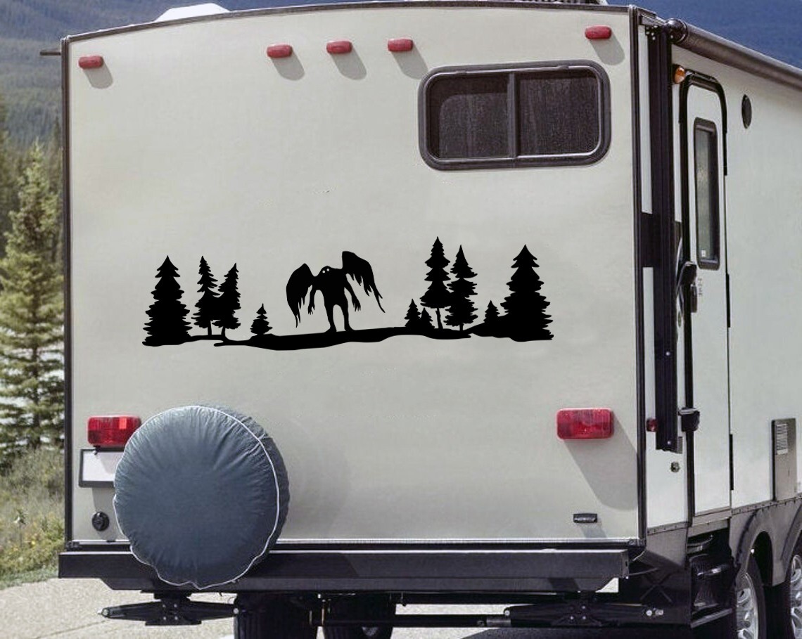 Mothman in Trees Scene Vinyl Decal V2 | WV Cryptid RV Camping | Die Cut Sticker