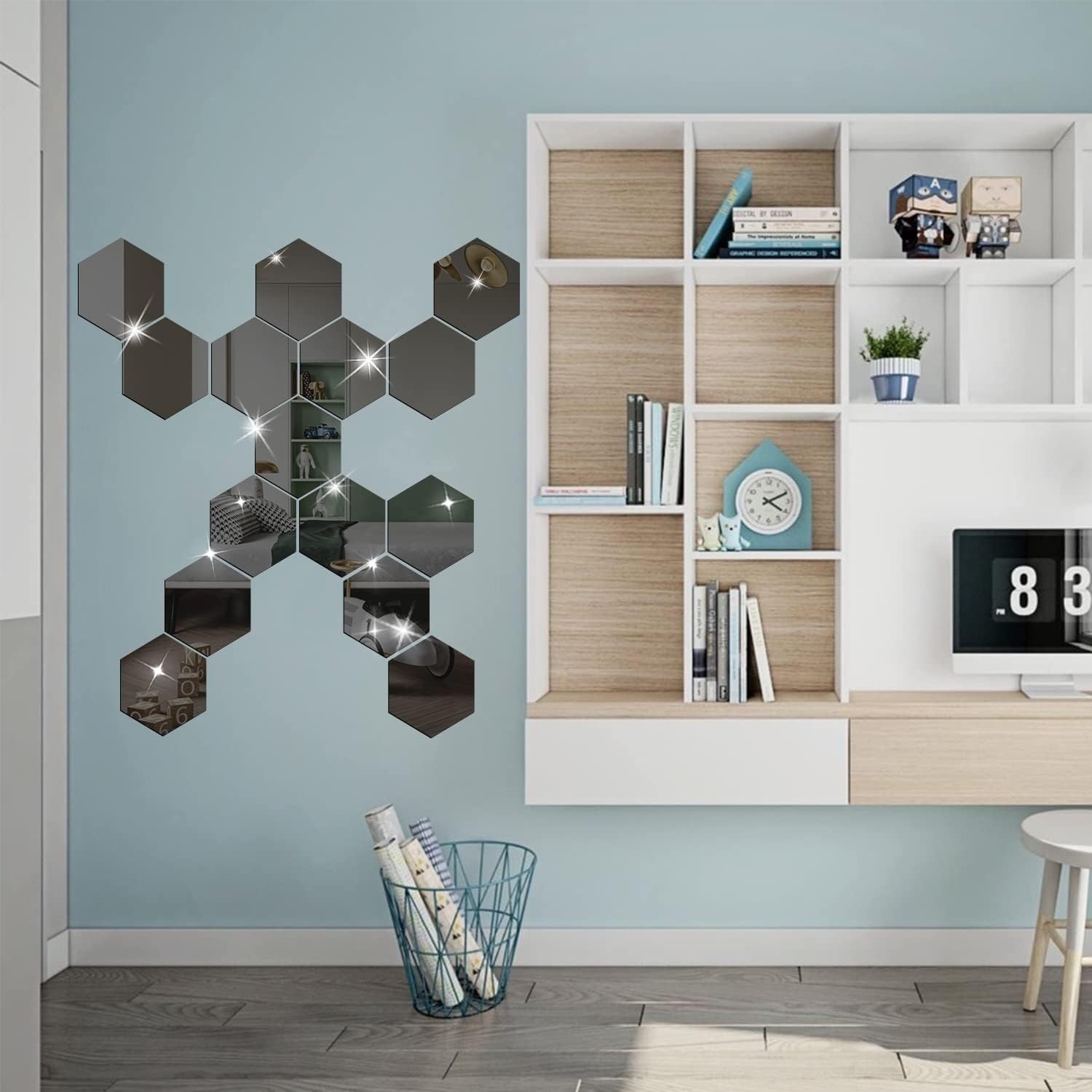 24Pcs Large Hexagonal Mirror Wall Stickers Boho Living Room Background Wall Art