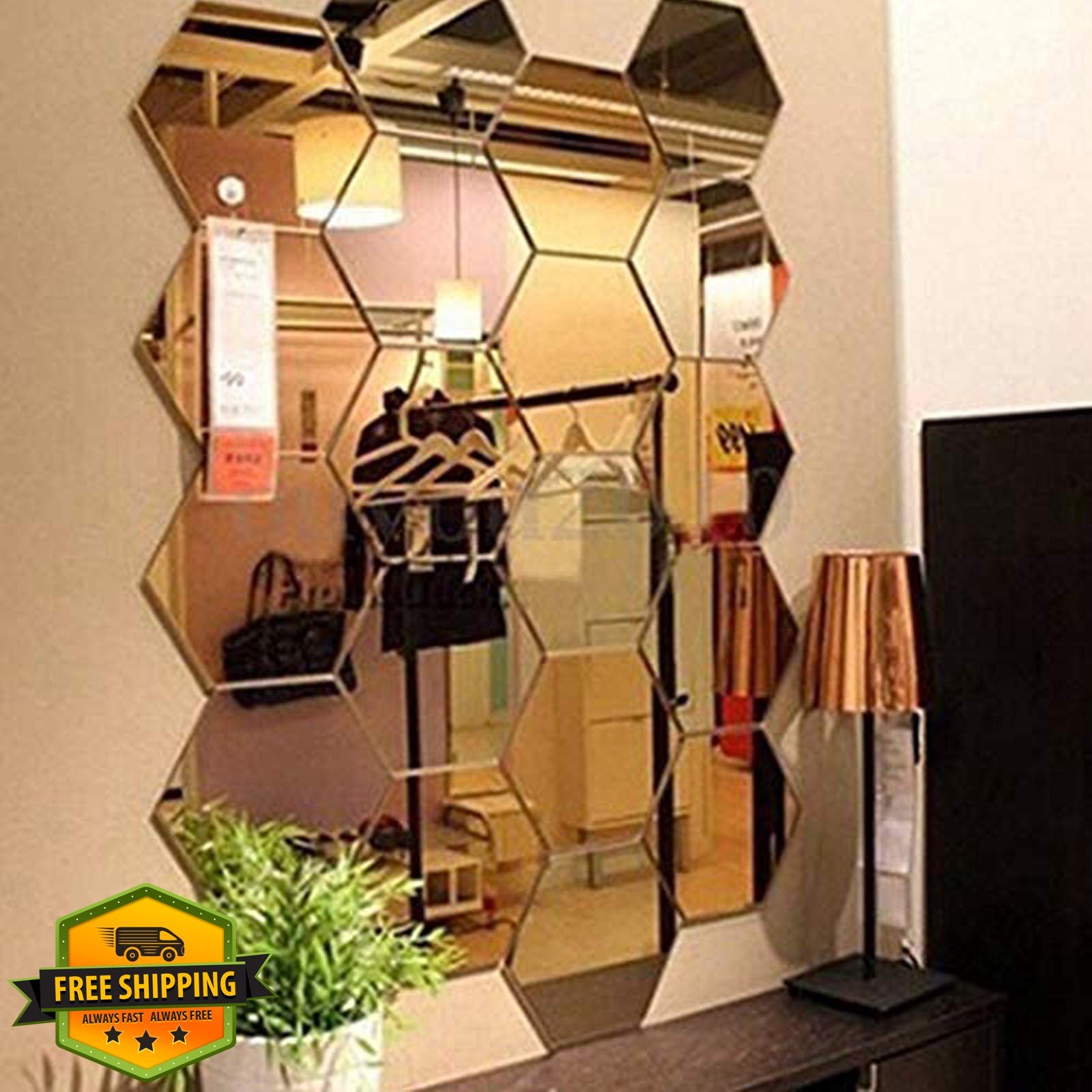 MCLEULLA Gold Hexagon Mirror Wall Stickers 12PCS
