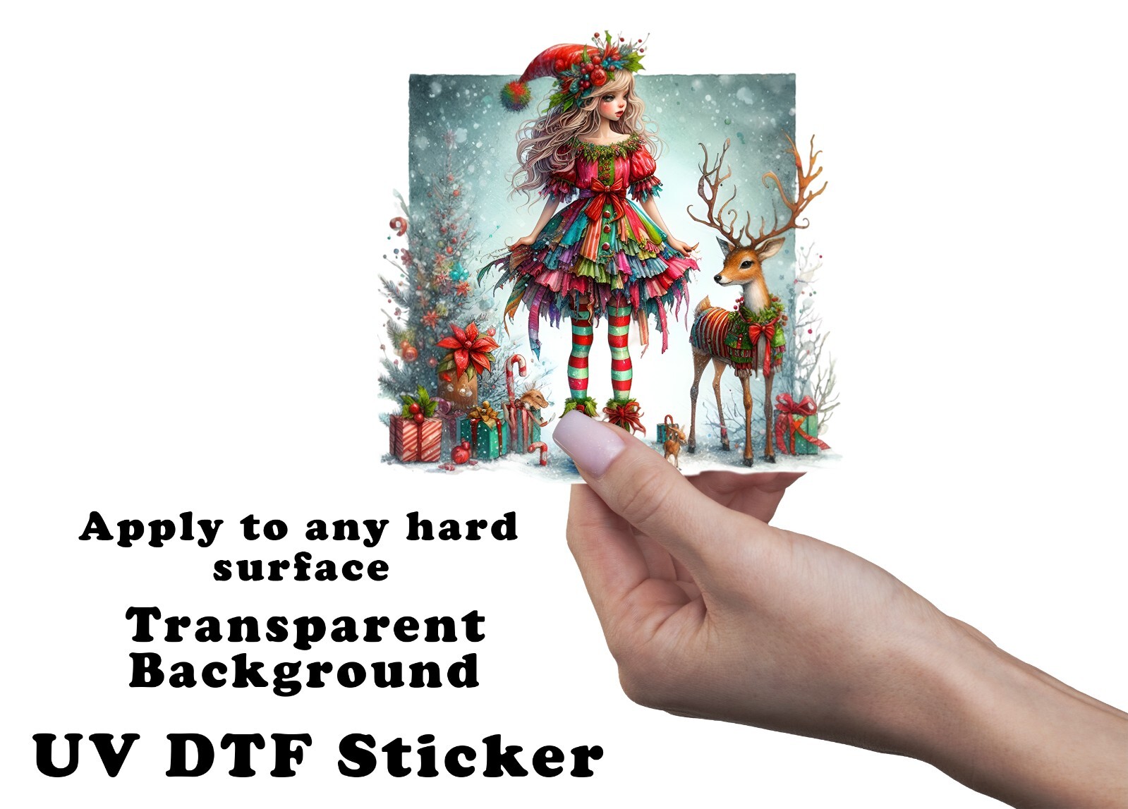 Christmas Girl Elf and Reindeer Five UV DTF Transparent Sticker / Decal