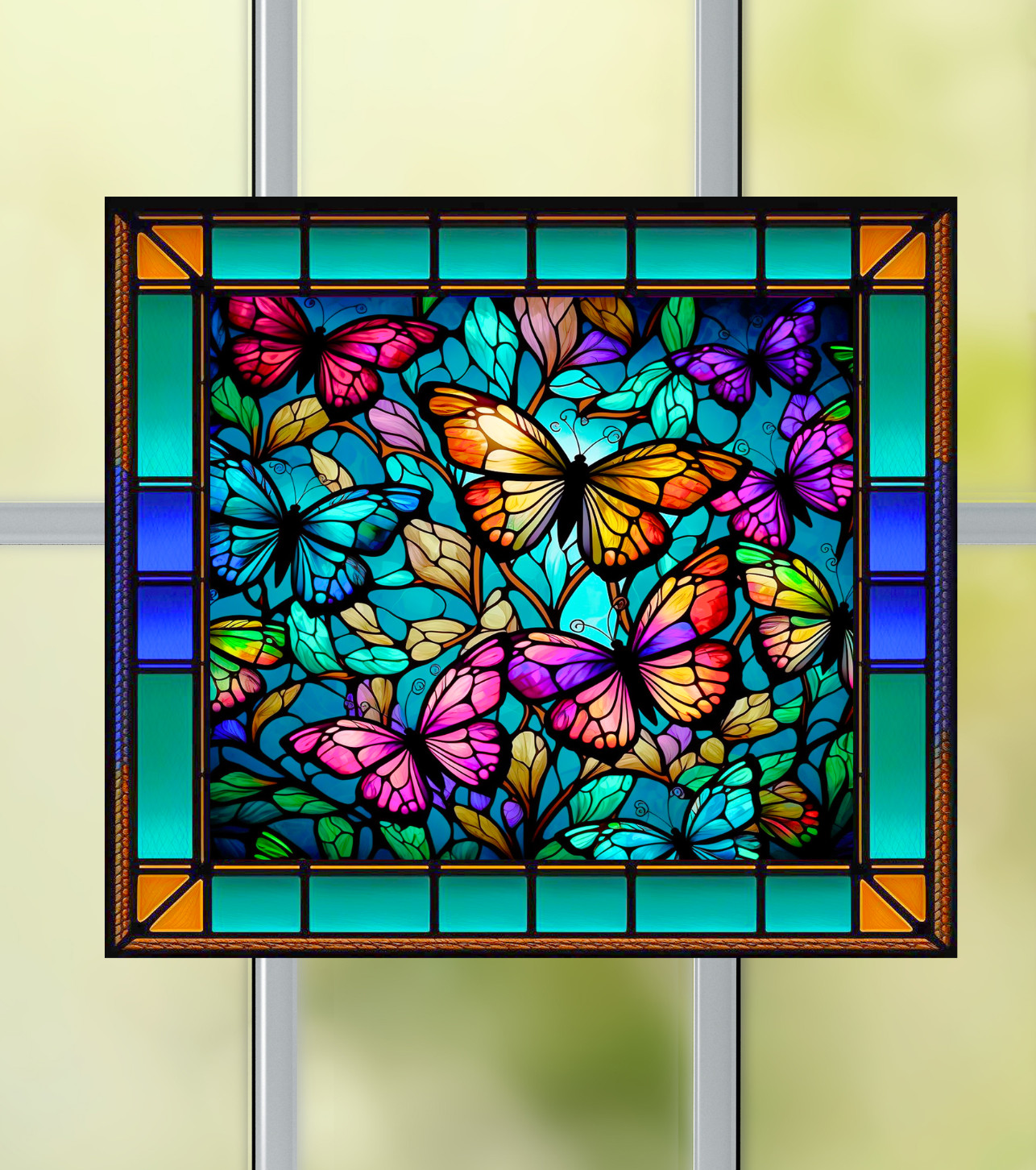 Butterflies Faux Stained-Glass WINDOW CLING Size 9" Repositionable Vinyl