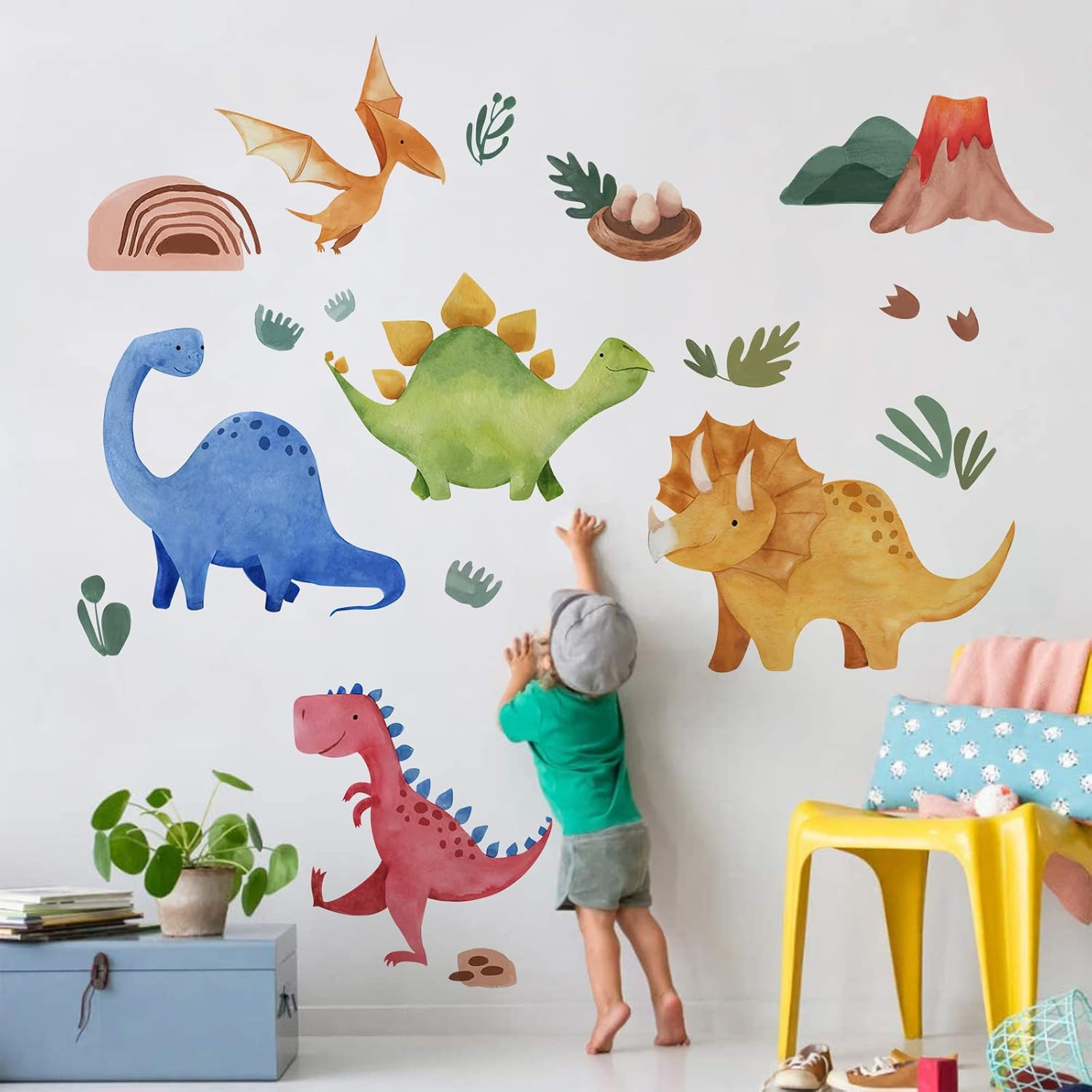 Baby Dinosaur Wall Decals Stickers, Dino Volcano Cave Neutral Nursery Toddler…