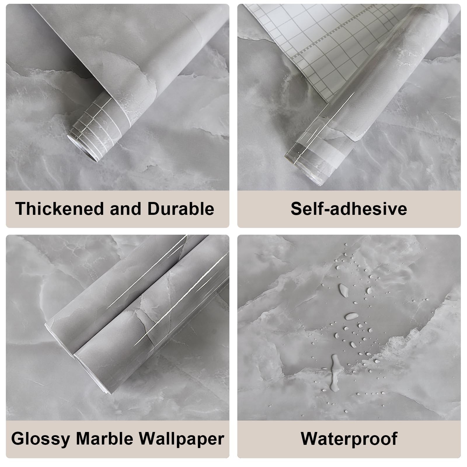 16"×354" Glossy Grey White Marble Wallpaper Peel and Stick Thick Gray White M…