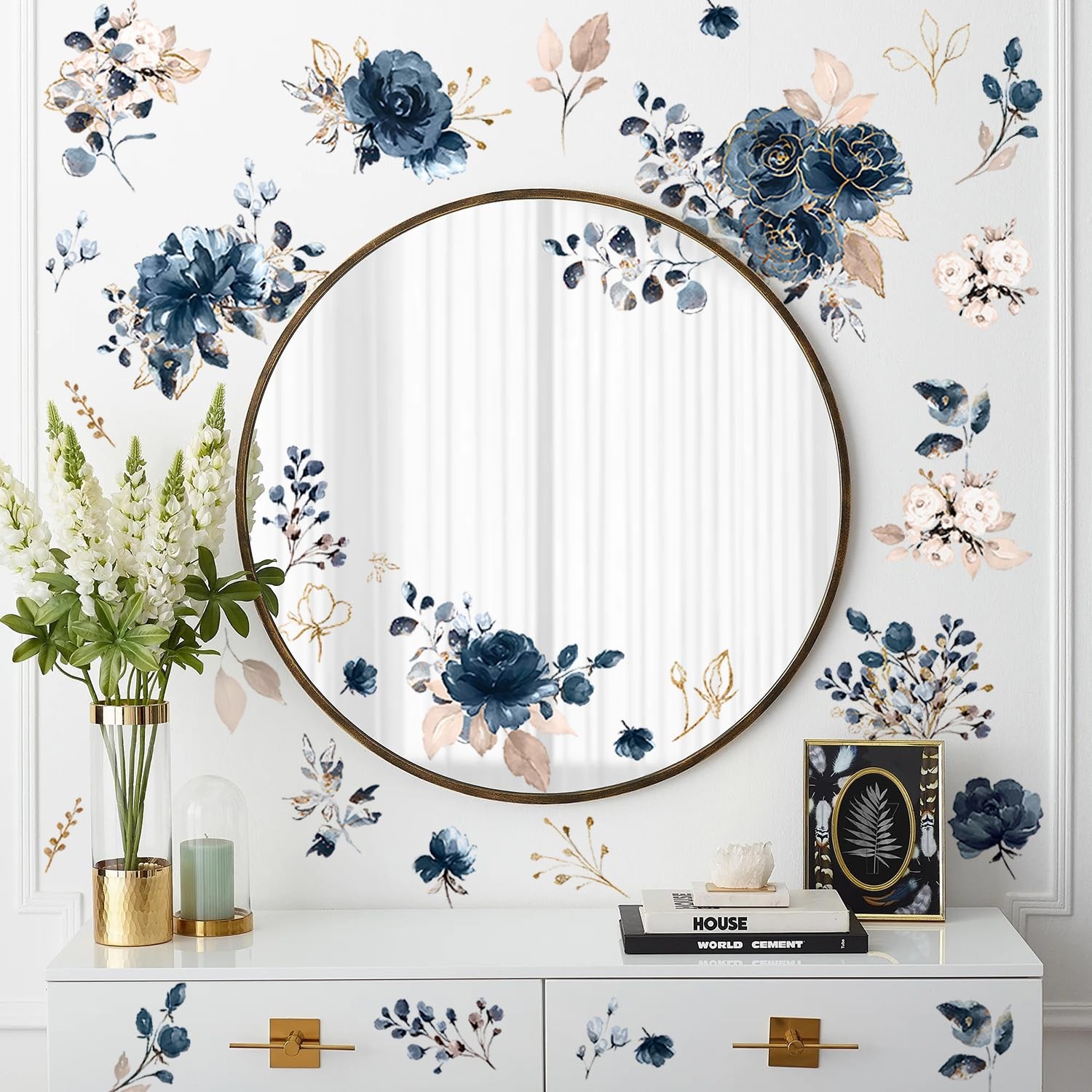 Blue Peony Flower Wall Decals Peel and Stick Rose Leaf Botanical Wall Sticker…