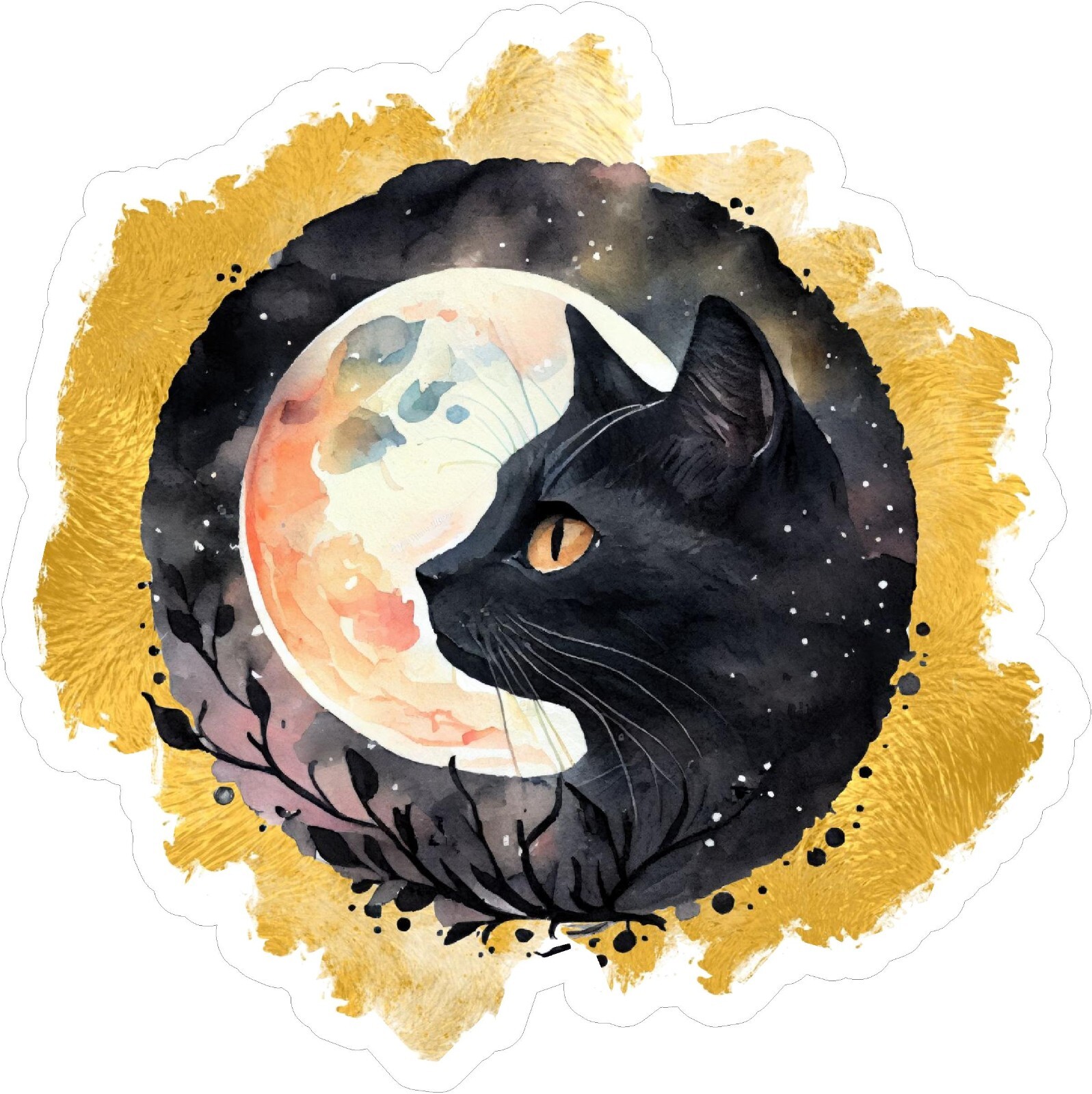Black Cat with Gold Brush Accents Unique Decal Cute Laptop sticker 6"x6"