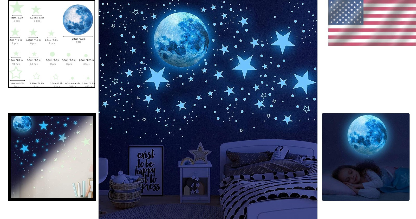Sky Blue 1008Pcs Glow-in-the-Dark Stars & Moon Wall Stickers – Safe for Kids
