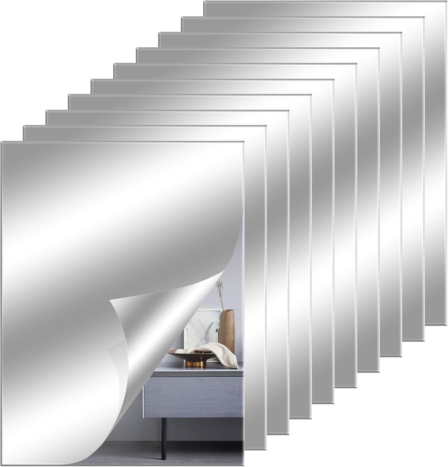 12" x 12" Acrylic Flexible Mirror Sheets 12 Pack Self-Adhesive Mirror Tiles