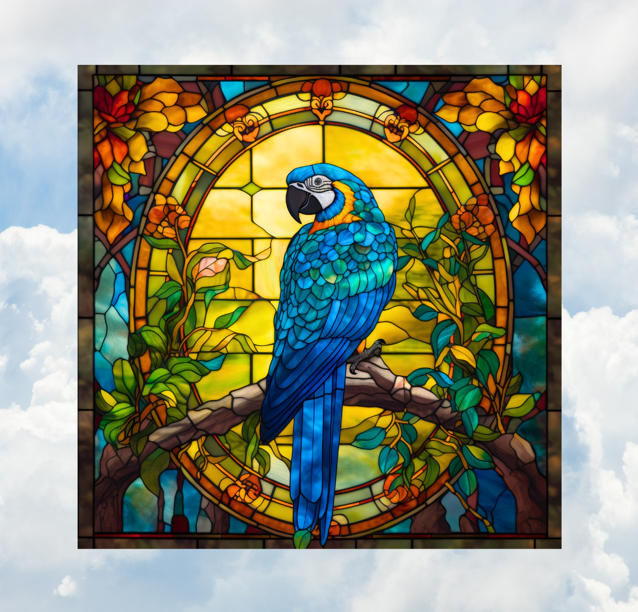Blue Macaw Parrot Faux Stained-Glass WINDOW CLING Size 8" Square Vinyl