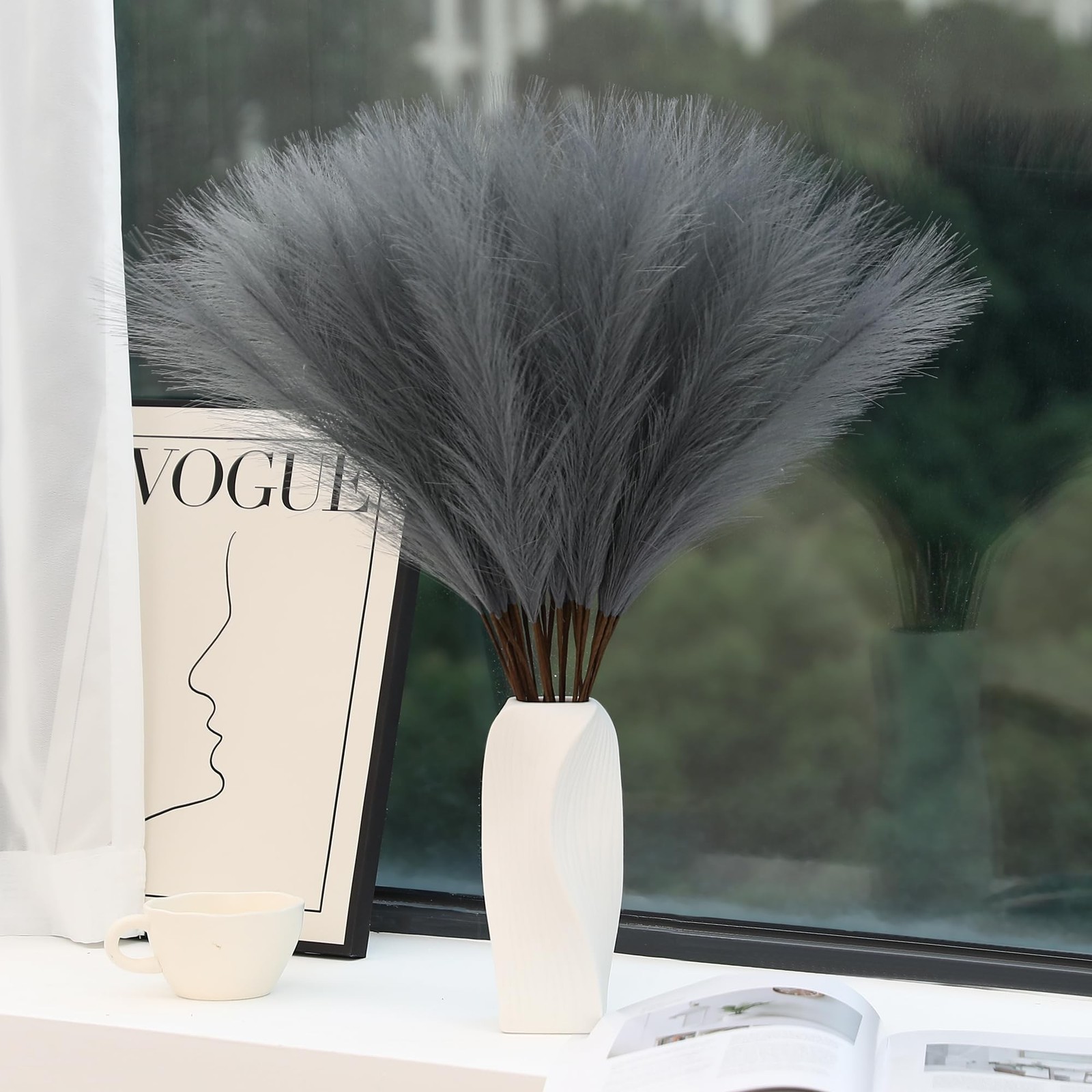 60pcs Grey Pampas Grass Decor – 24 Inch Long Faux Pampas Grass Decor, Artific…