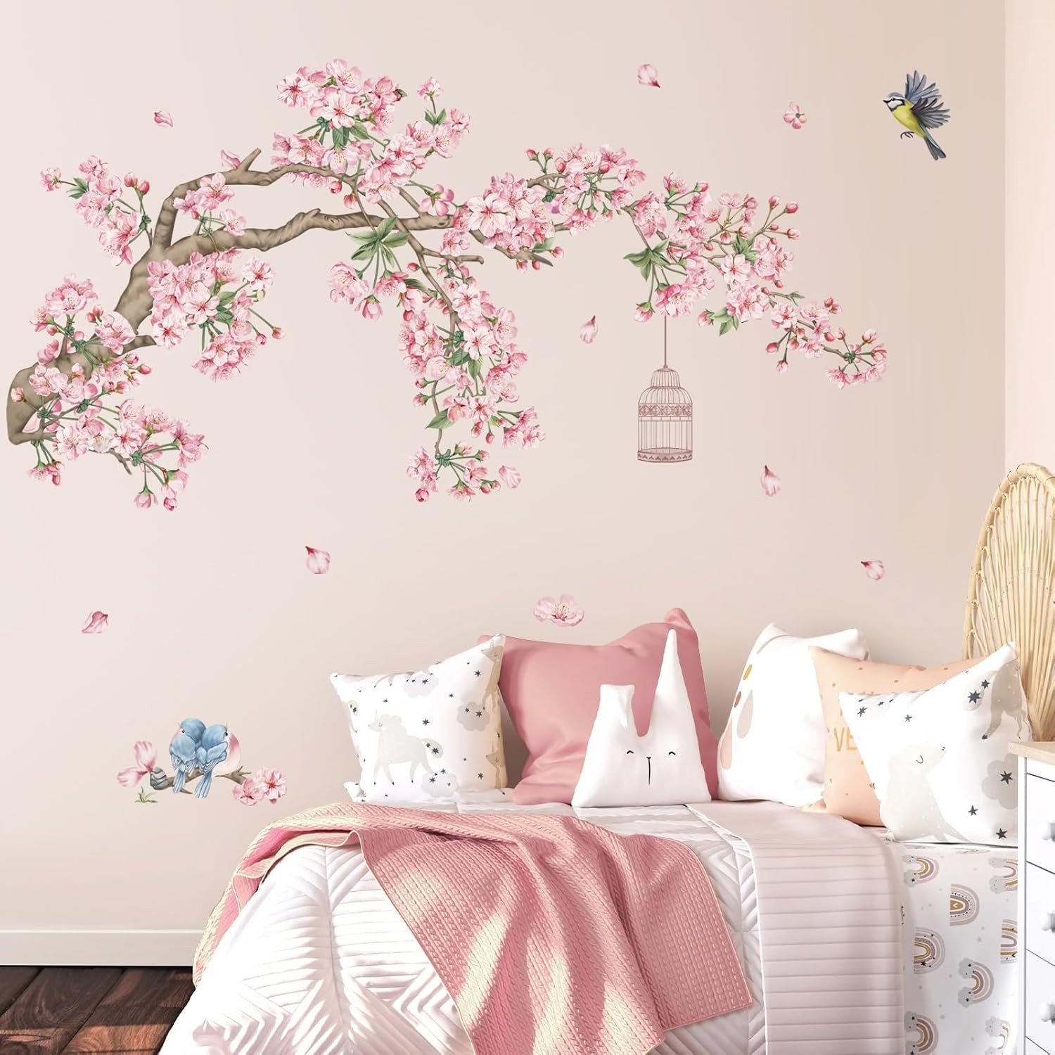 decalmile Cherry Blossom Tree Branch Wall Decals Pink Flower Birds Wall Stickers