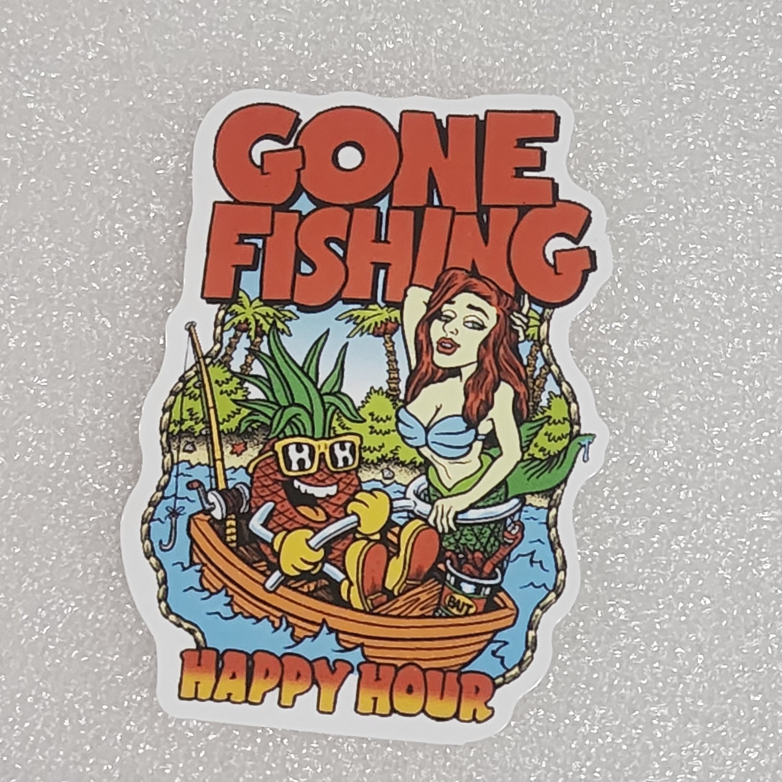 Gone Fishing Happy Hour island pineapple canoe mermaid Sticker New 2" x 3"