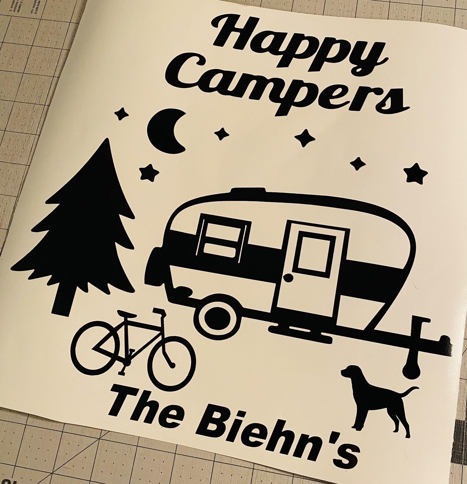 Vinyl Decal – Happy Campers, Campsite (May Customize w/ Name), Various Colors