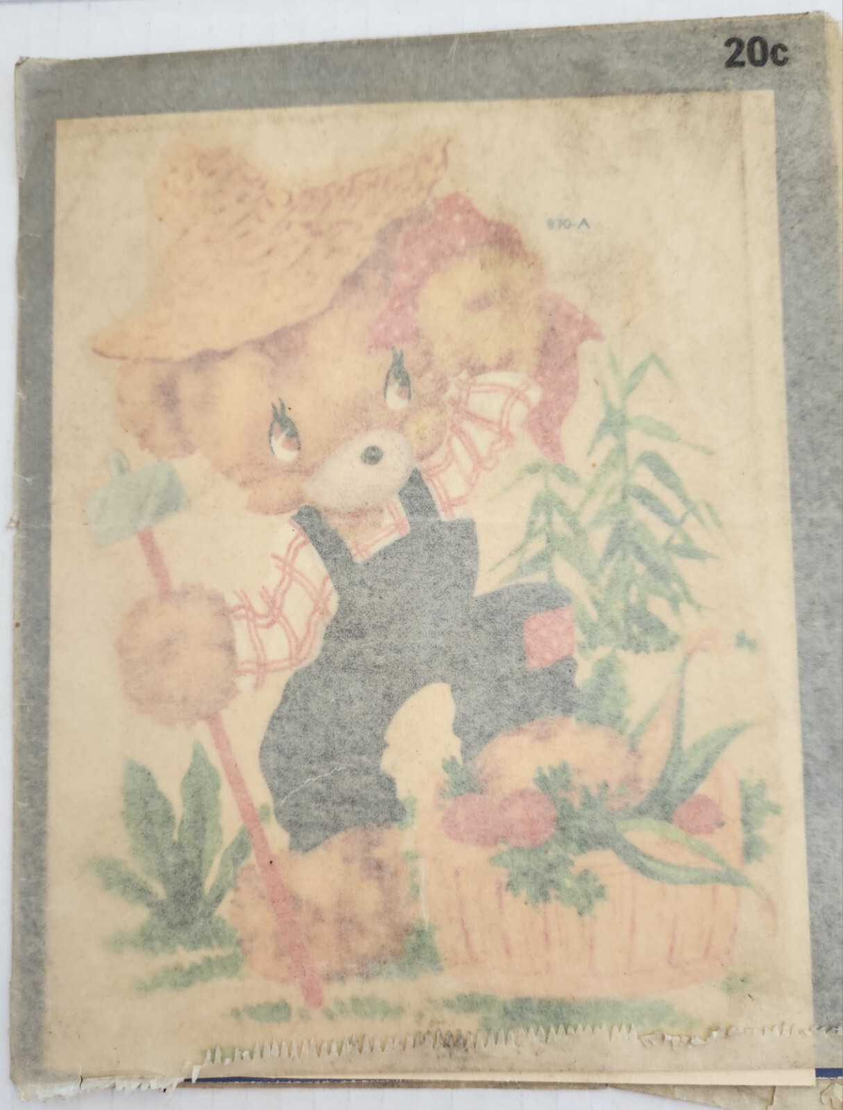 Vintage "Meyercord Decal" of Cute Bear Farmer w/ Basket of Veggies *