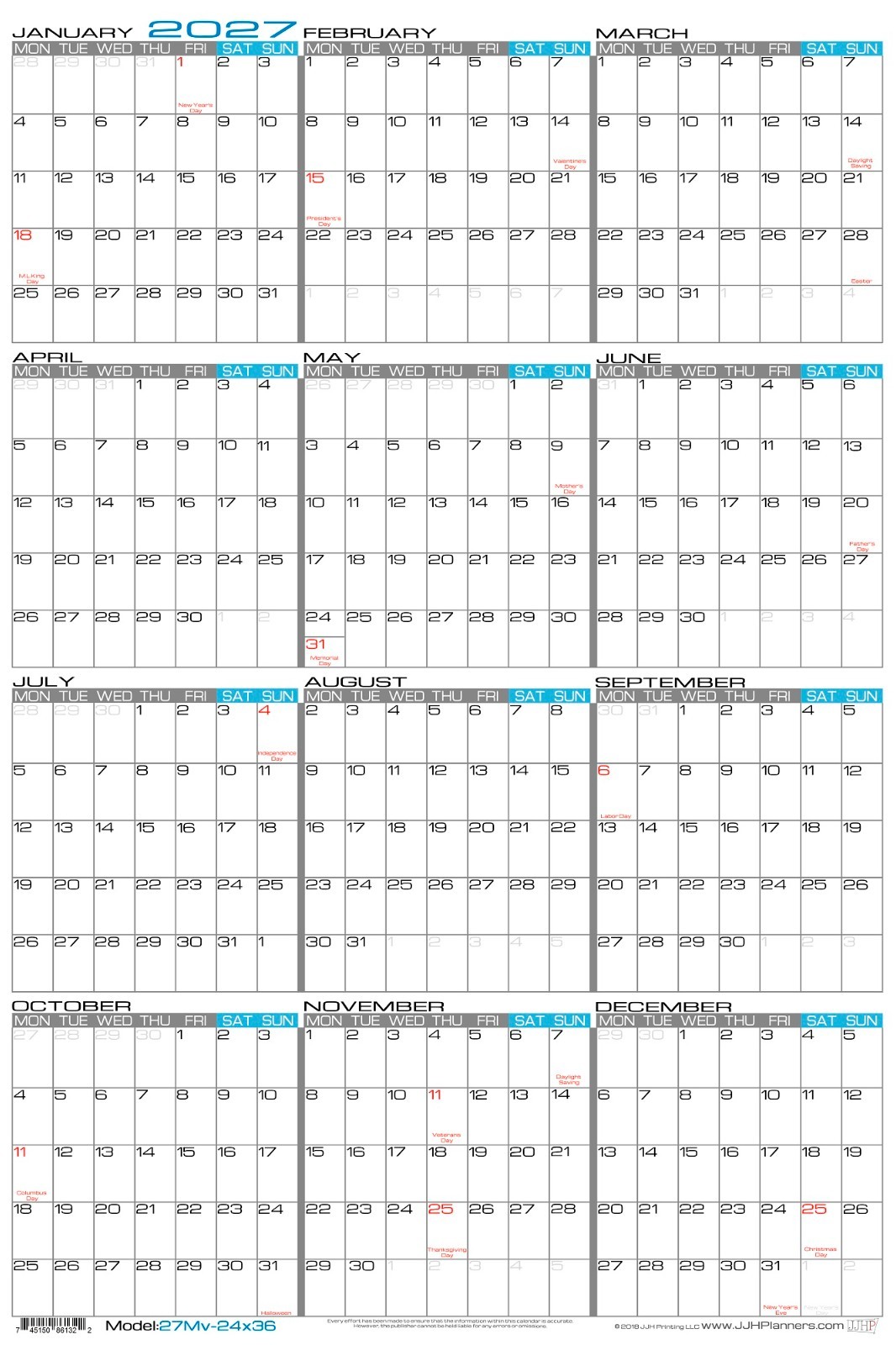 2027 Folded Paper – 24" x 36" Large Monday Start Week Wall Calendar – Vertical