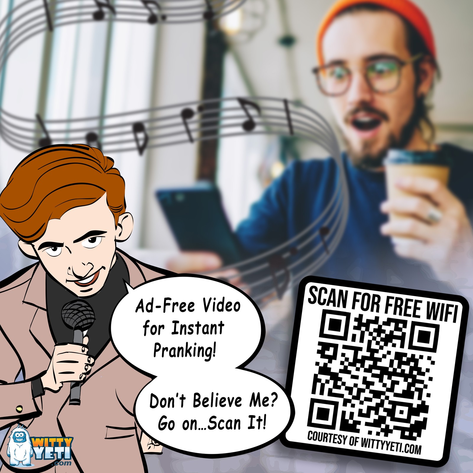Witty Yeti 2×2 in. Fake Wifi Prank Ad-free QR Code Stickers, 25 Pack