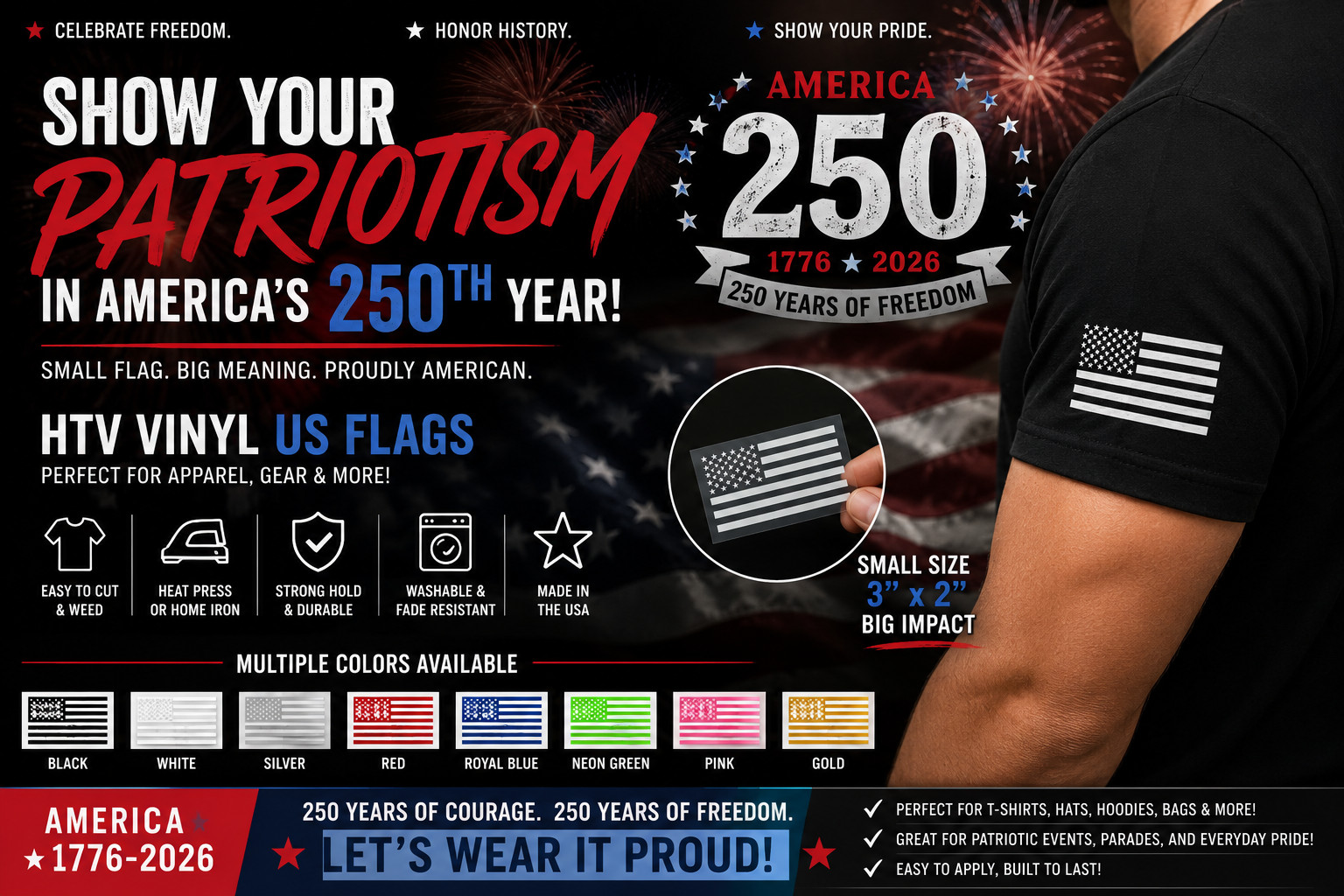 American Flag HTV Vinyl Decal 3×2 Iron On Heat Transfer Shirt Hat Heat Press USA