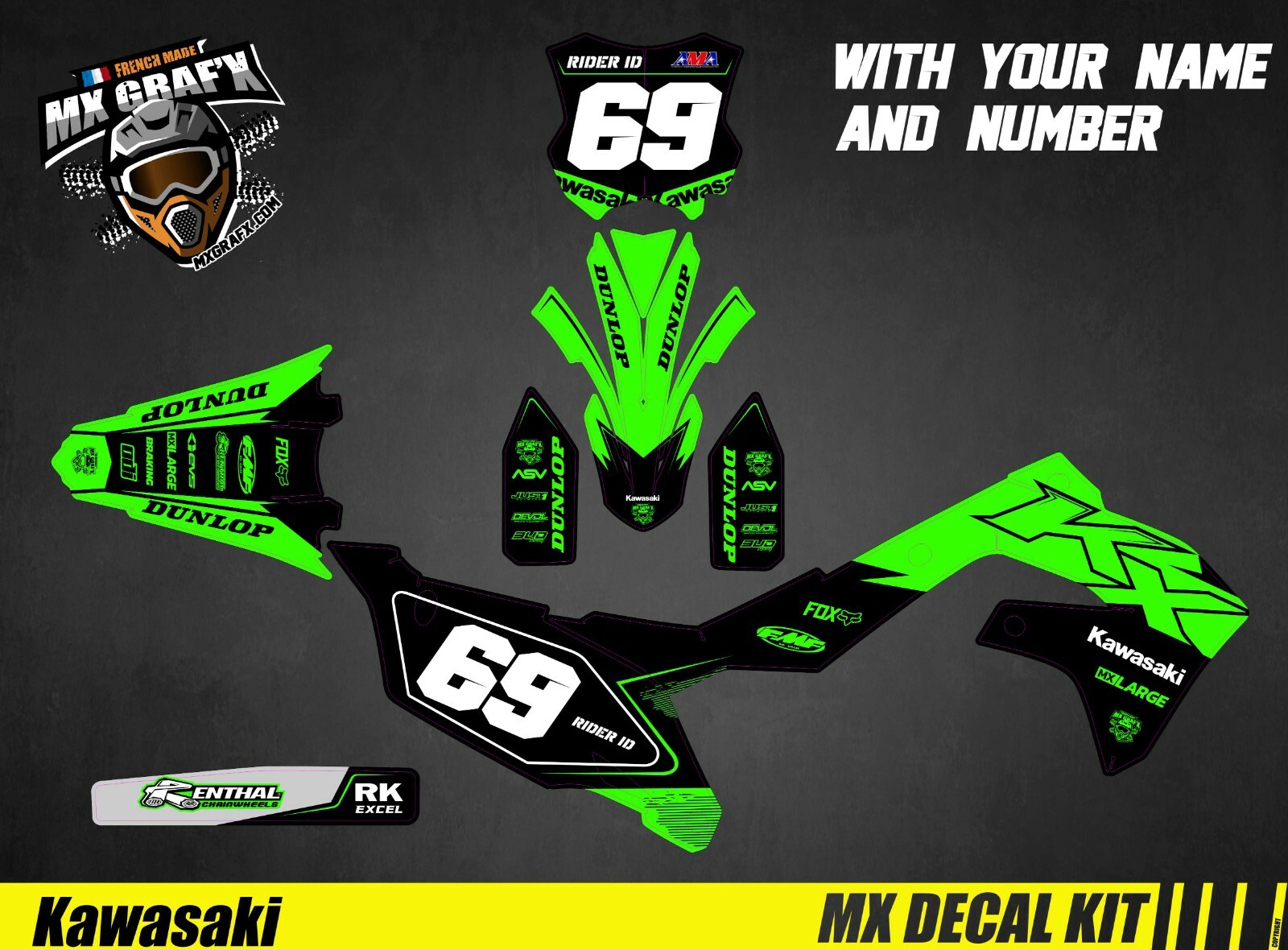 Motorcycle Decal Kit for Kawasaki KXF – Green