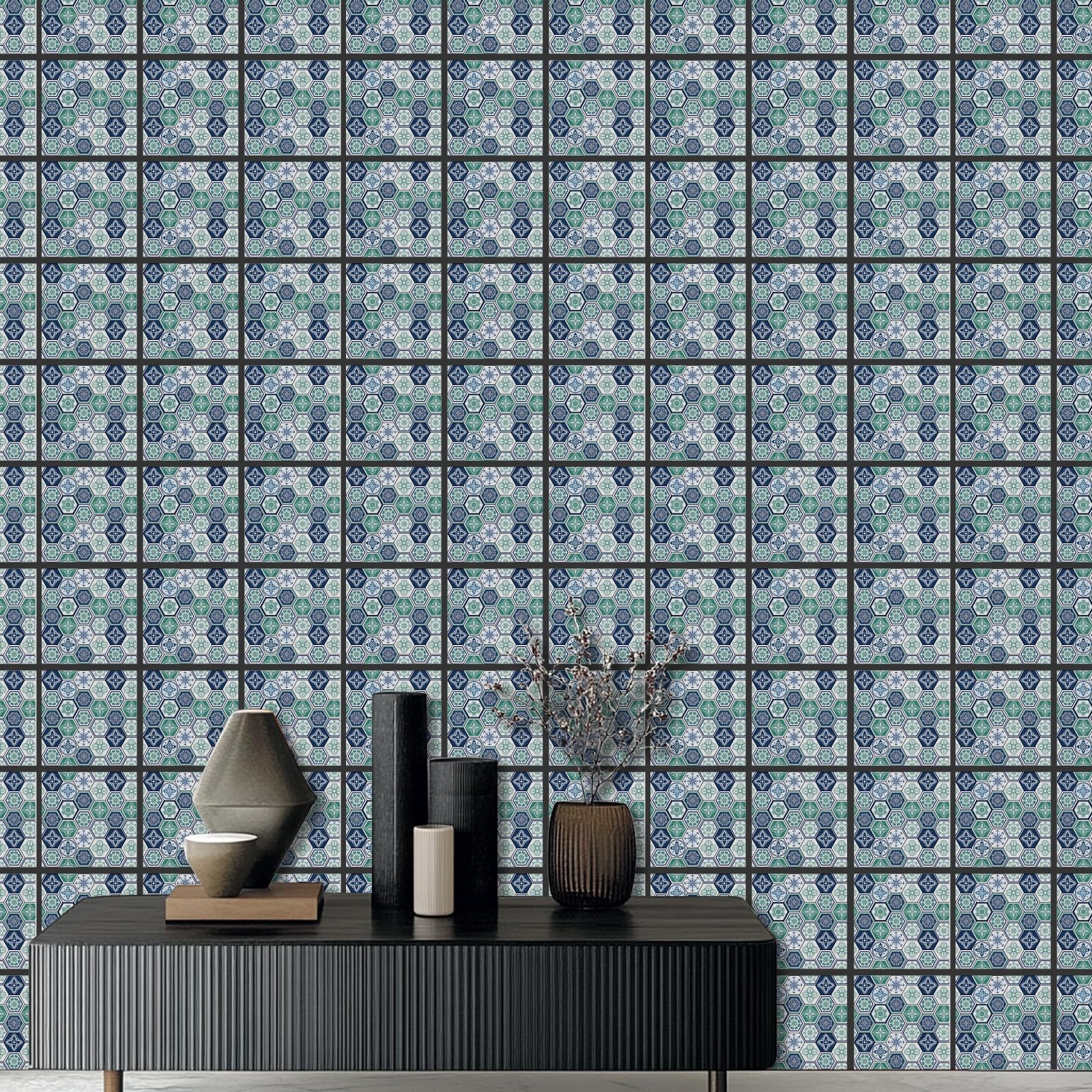18 Pcs Blue and Green Geometric Patten Tile Sticker 6×6 Inch Bohemian Graphic…