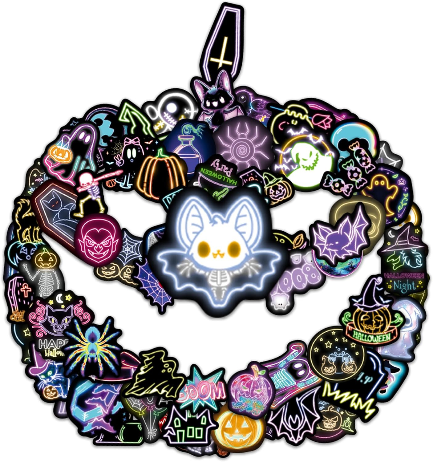 70 Pcs Neon Halloween Stickers for Kids, Waterproof Decor for Water Bottle
