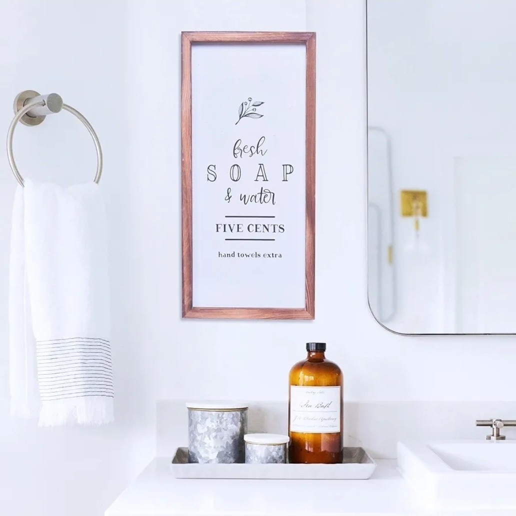 House Bathroom Decor – Modern Rustic Wall Art 8 x 17" – Fresh Soap and Water