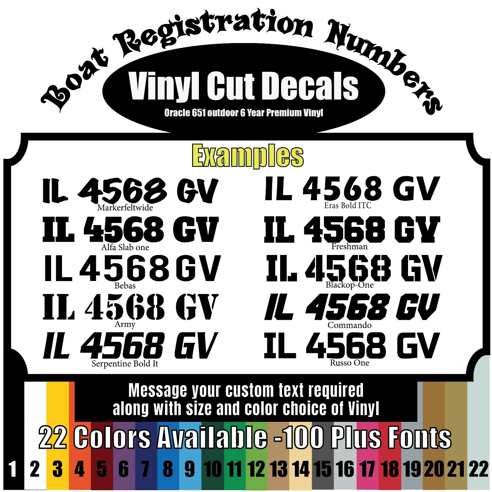 3" Custom Vinyl Boat Registration Decal-Qnty of 2 Hull ID