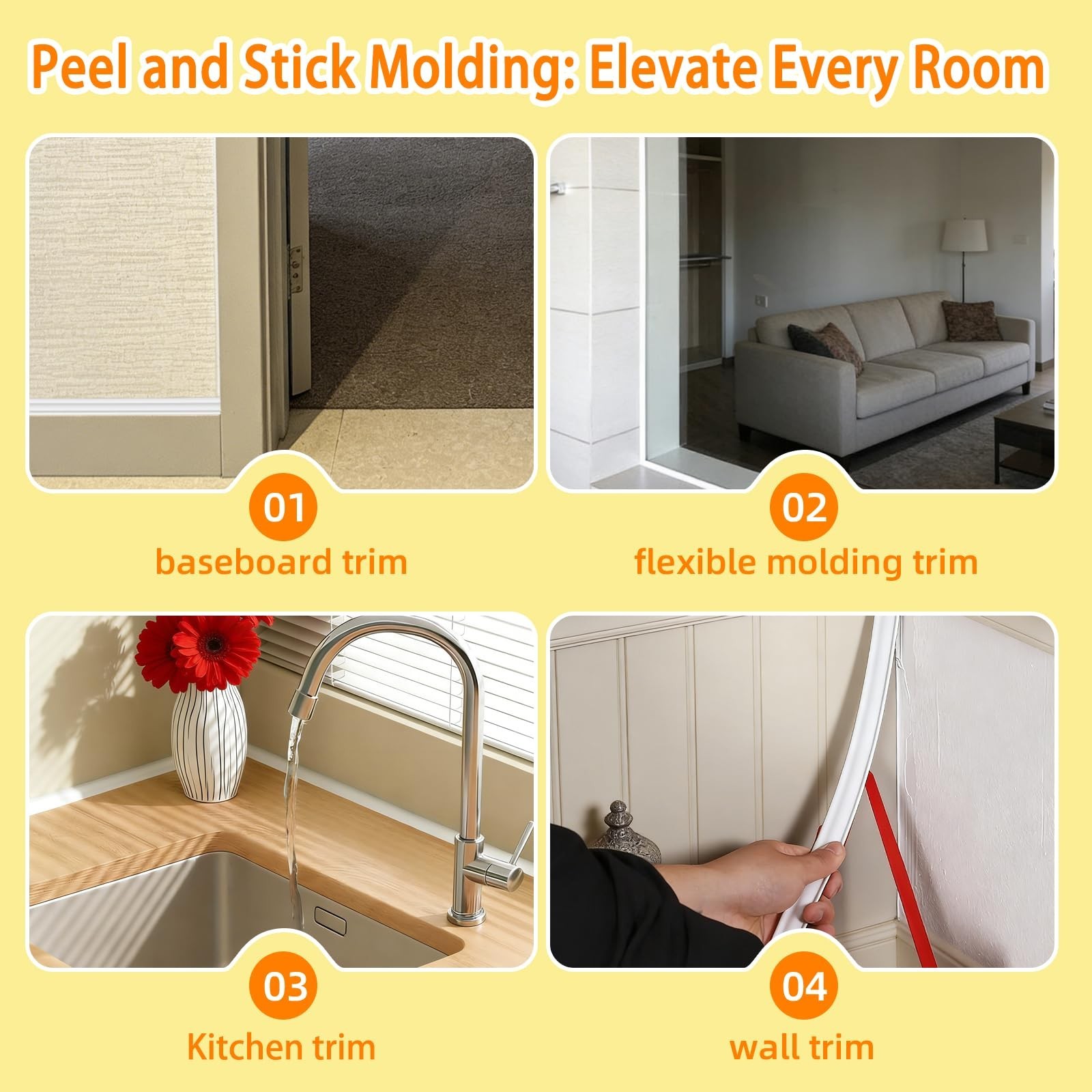 Flexible Peel and Stick TPE Wall Molding Trim 1/2" x 16.4ft Self-Adhesive Basebo